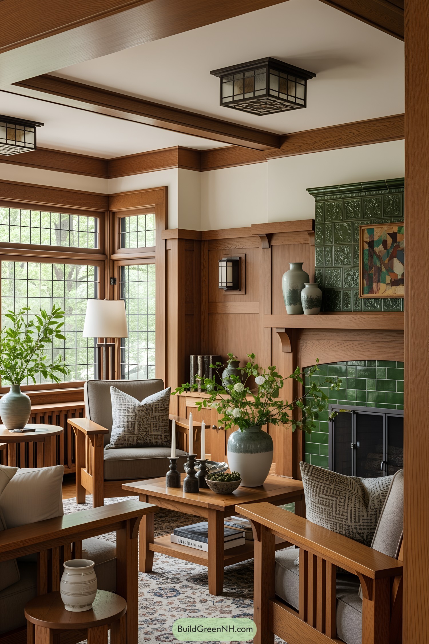 Warm living room with wooden furniture and green tile fireplace