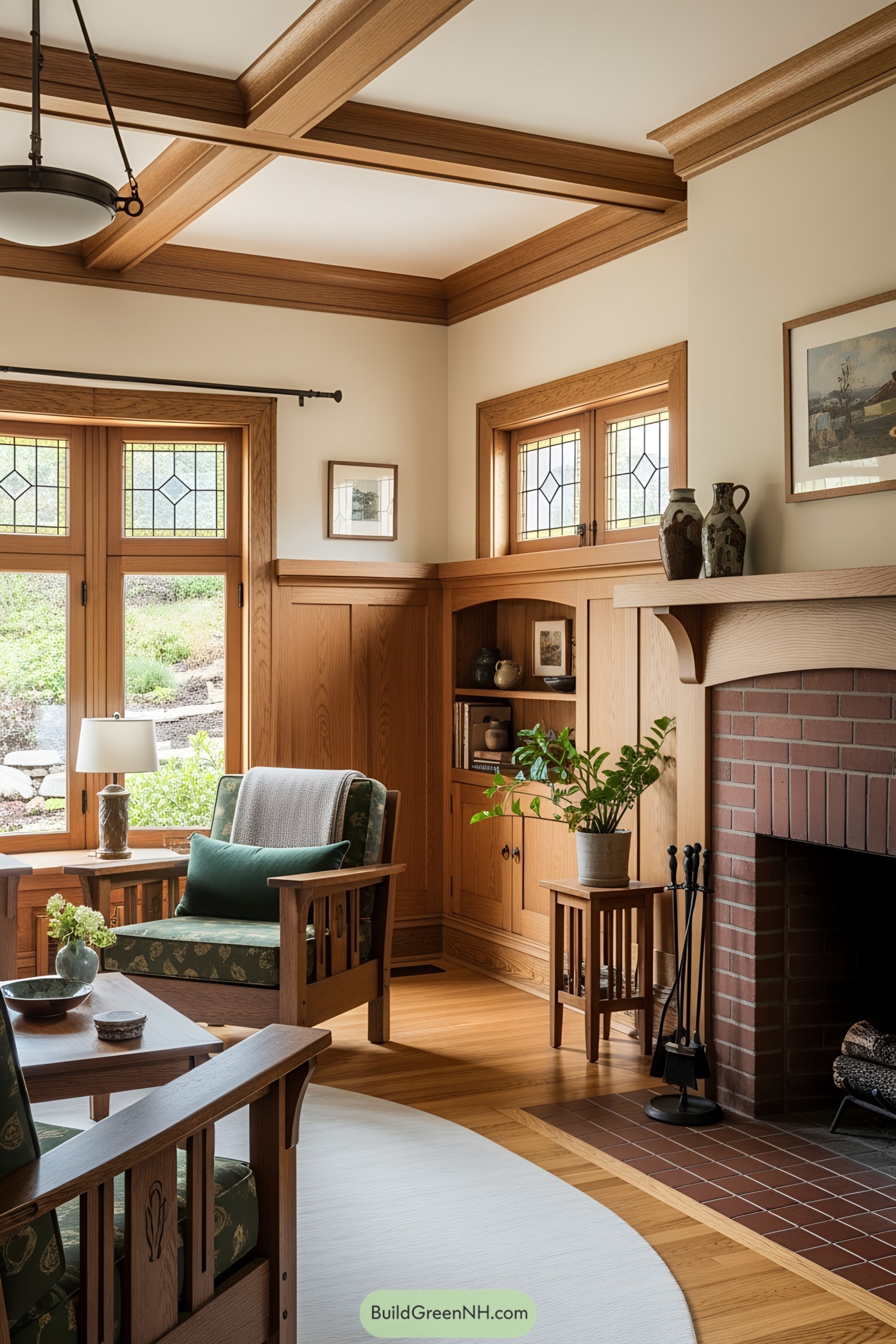 Warm living room with wooden paneling and a brick fireplace
