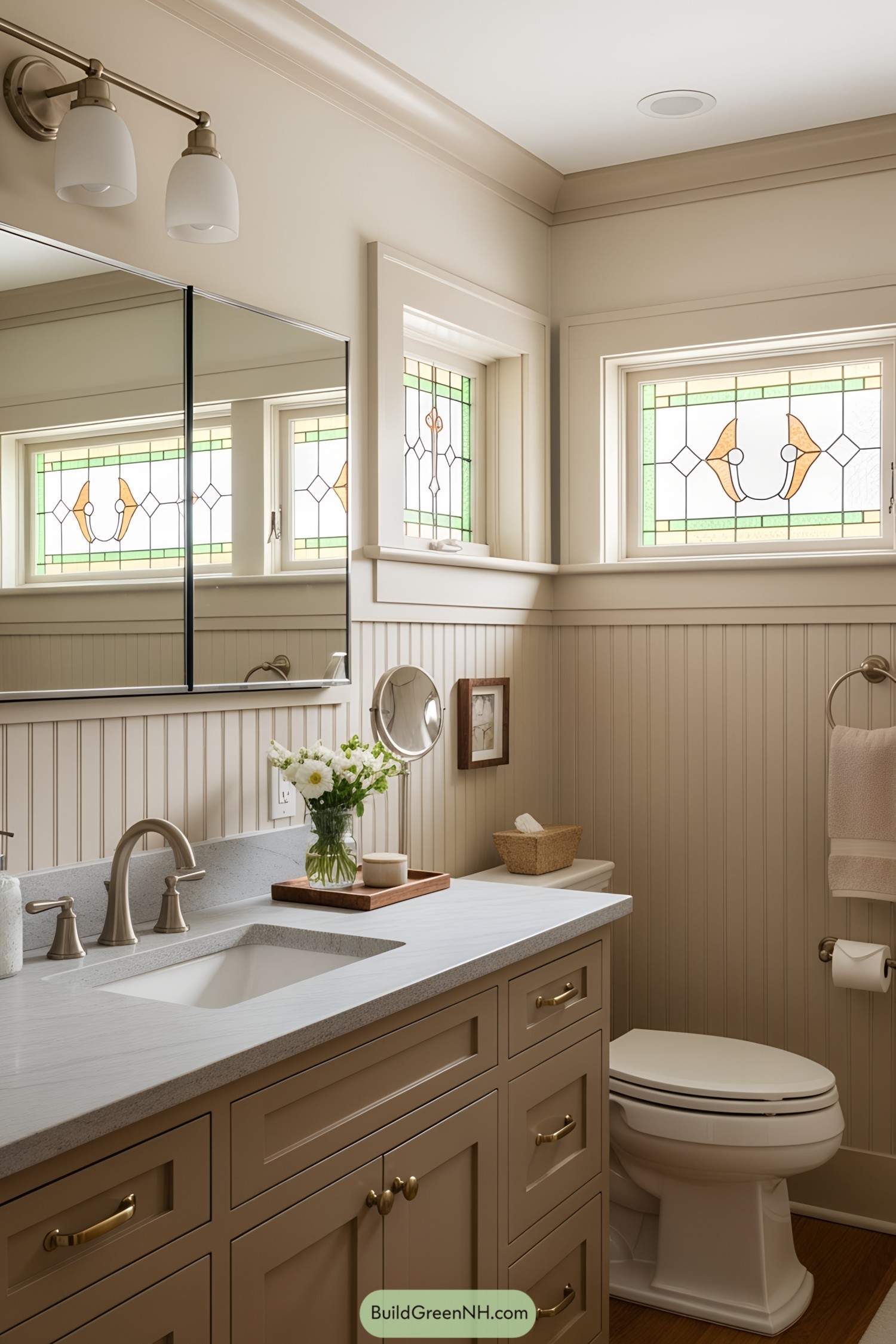 Elegant Craftsman-style bathroom with detailed woodwork