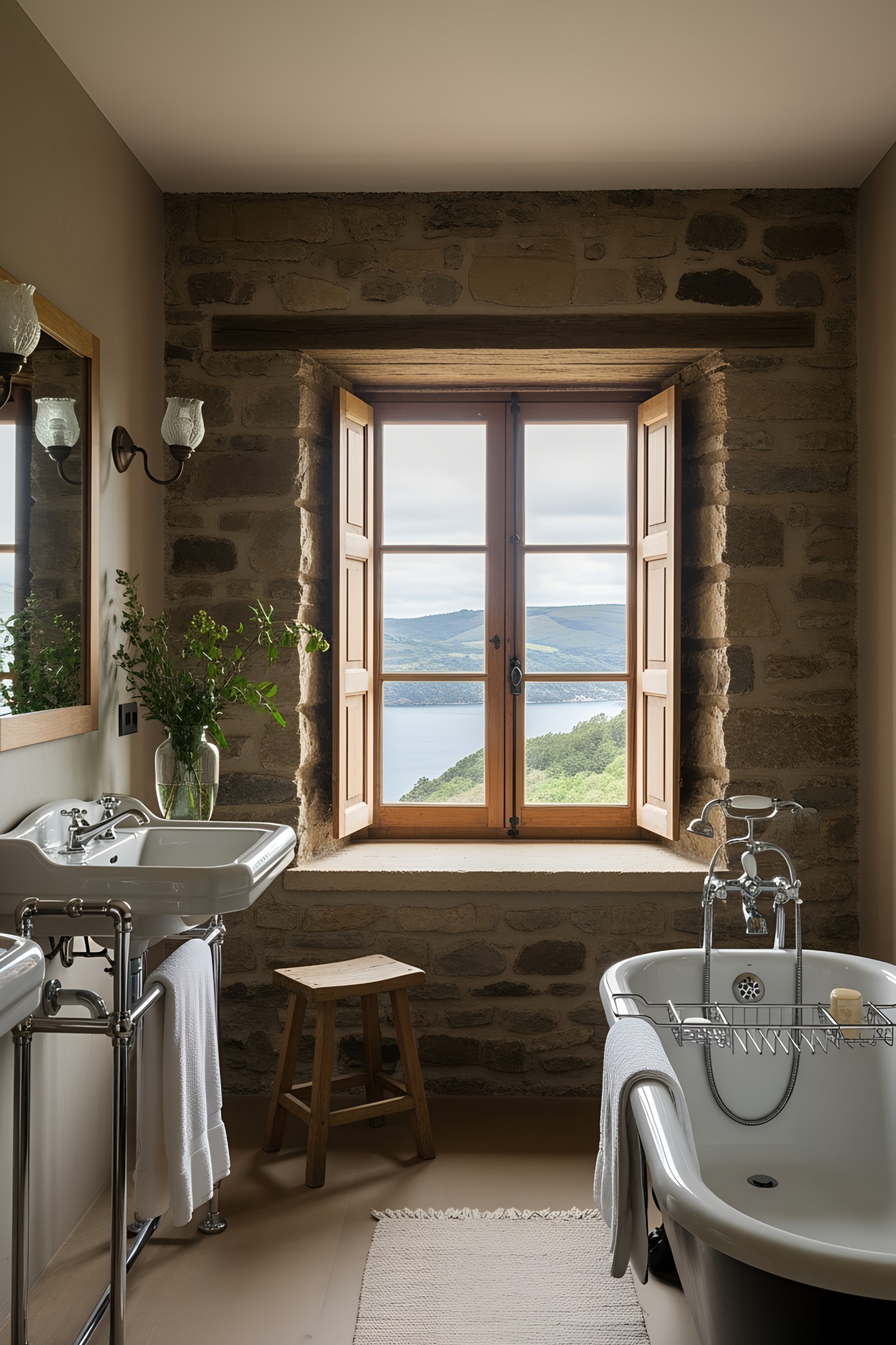 Rustic bathroom with a scenic view through a wooden window