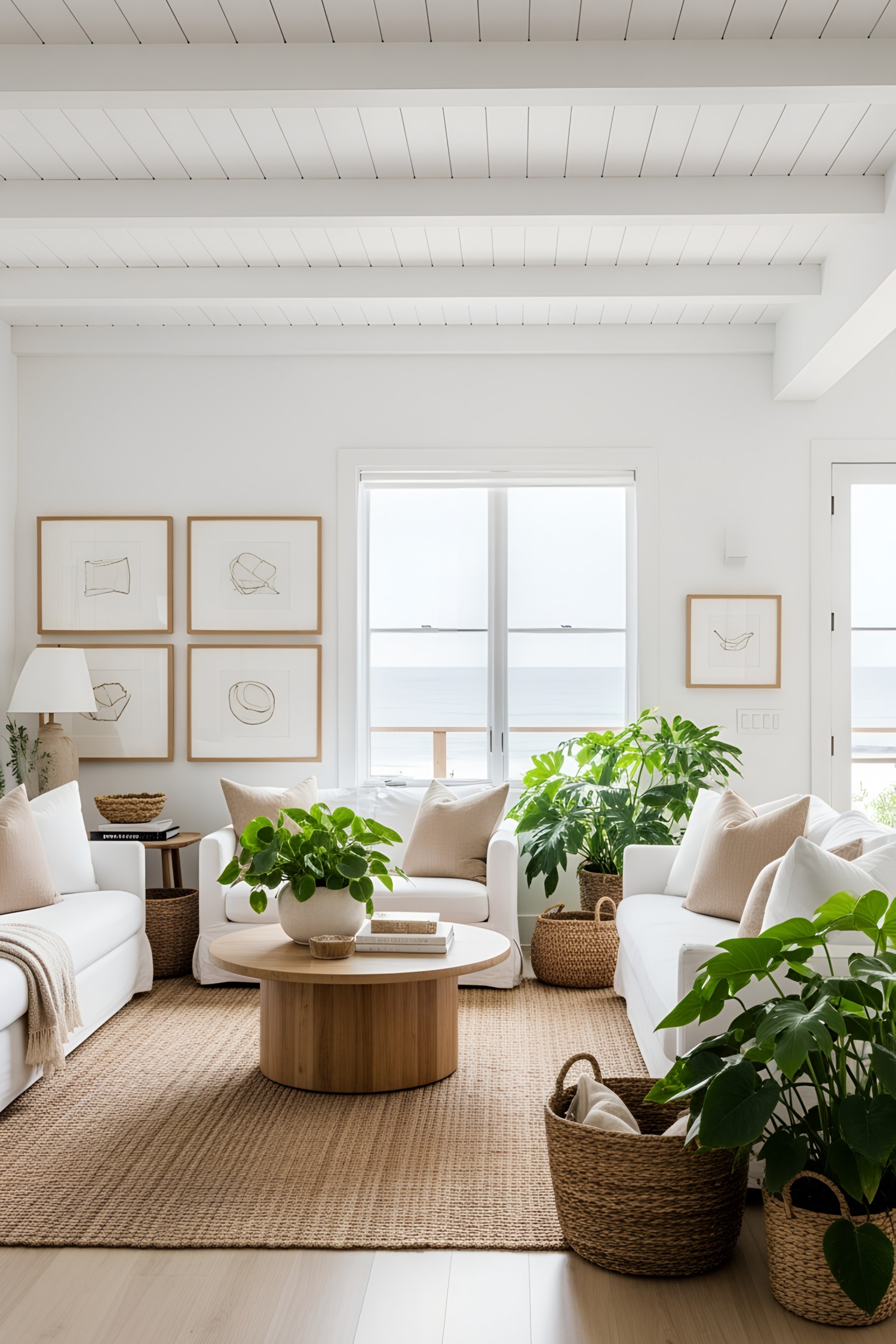 Bright beach house living room with plants and white sofas