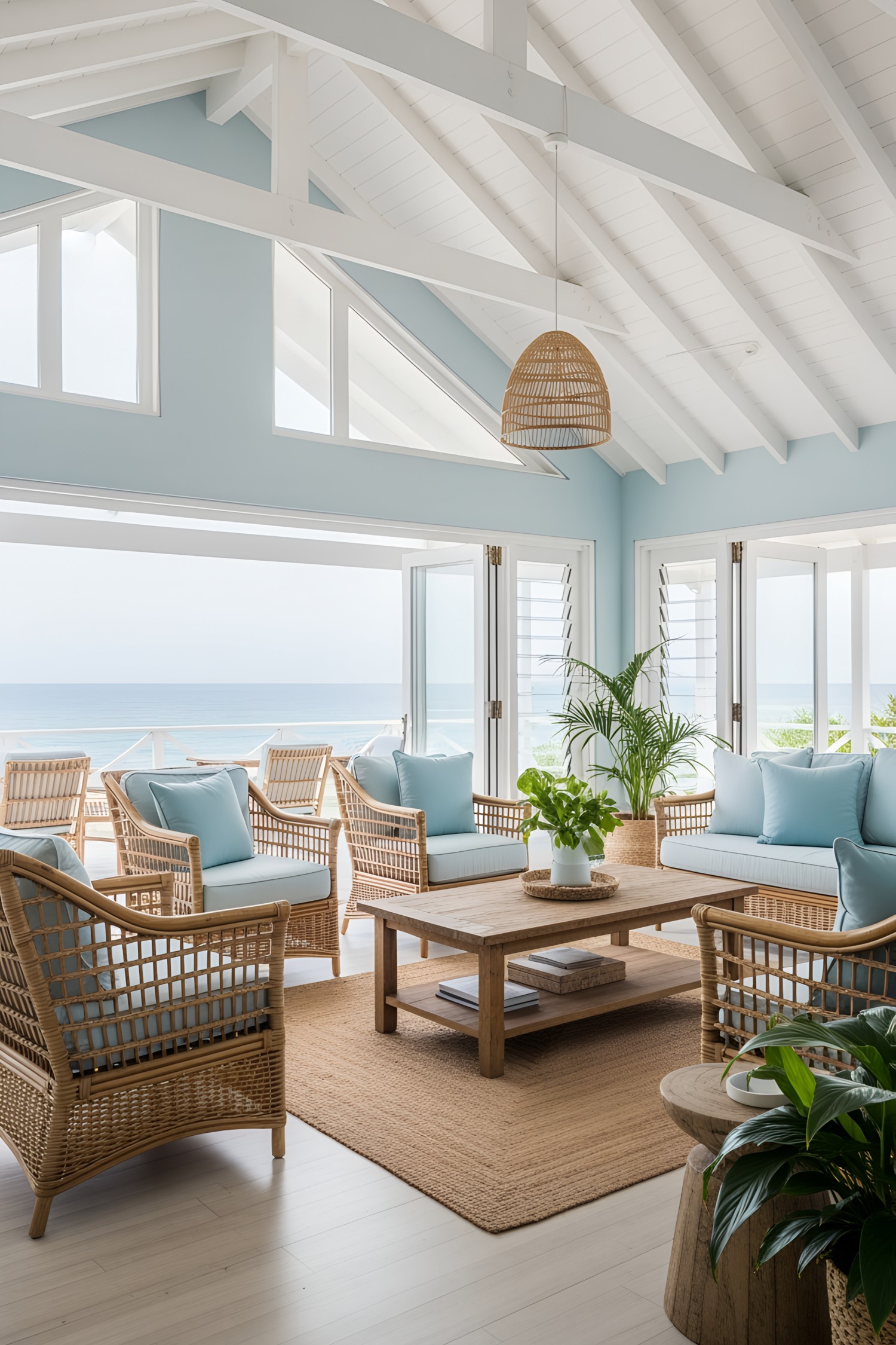 Cozy beach house living room with ocean views