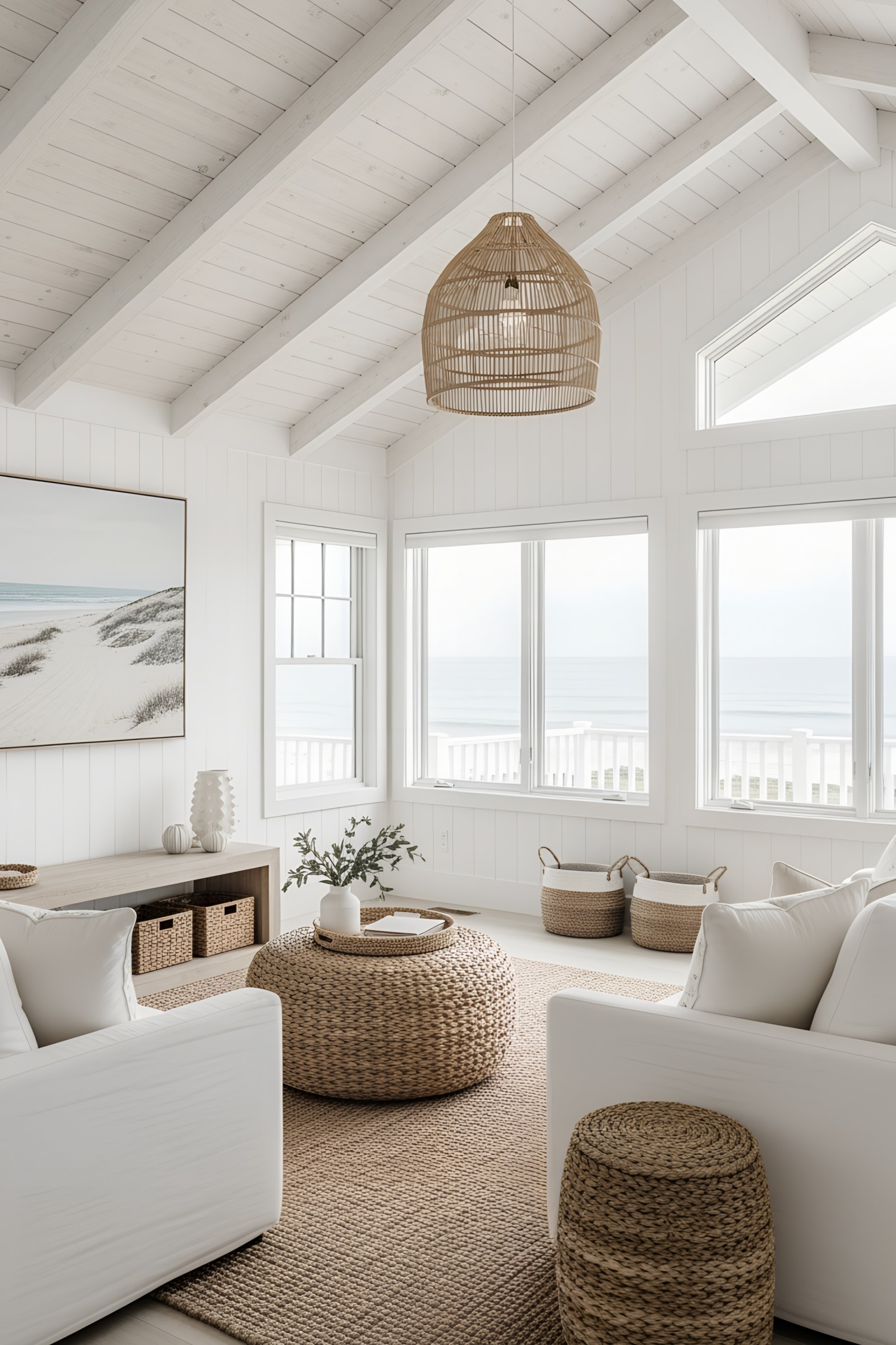 Bright beach house living room with wicker decor and ocean view