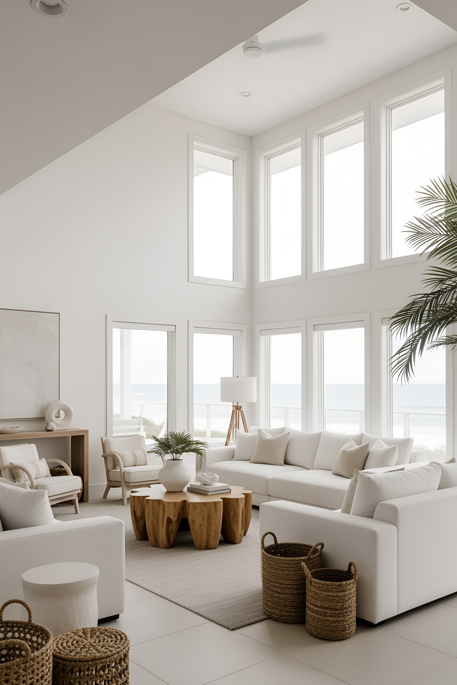 Bright and airy beach house living room with ocean views