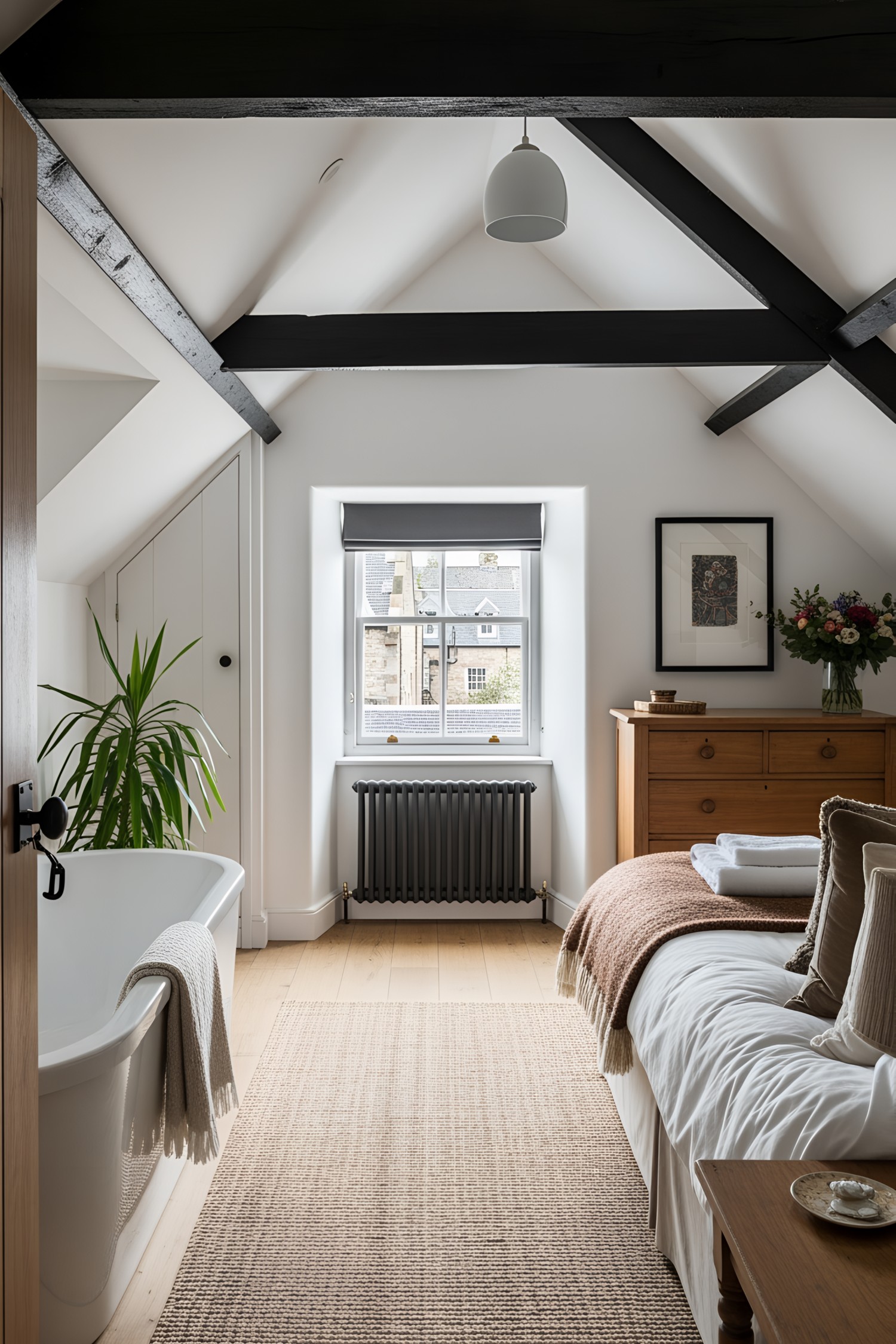 Cozy cottage bedroom with exposed beams and a bathtub