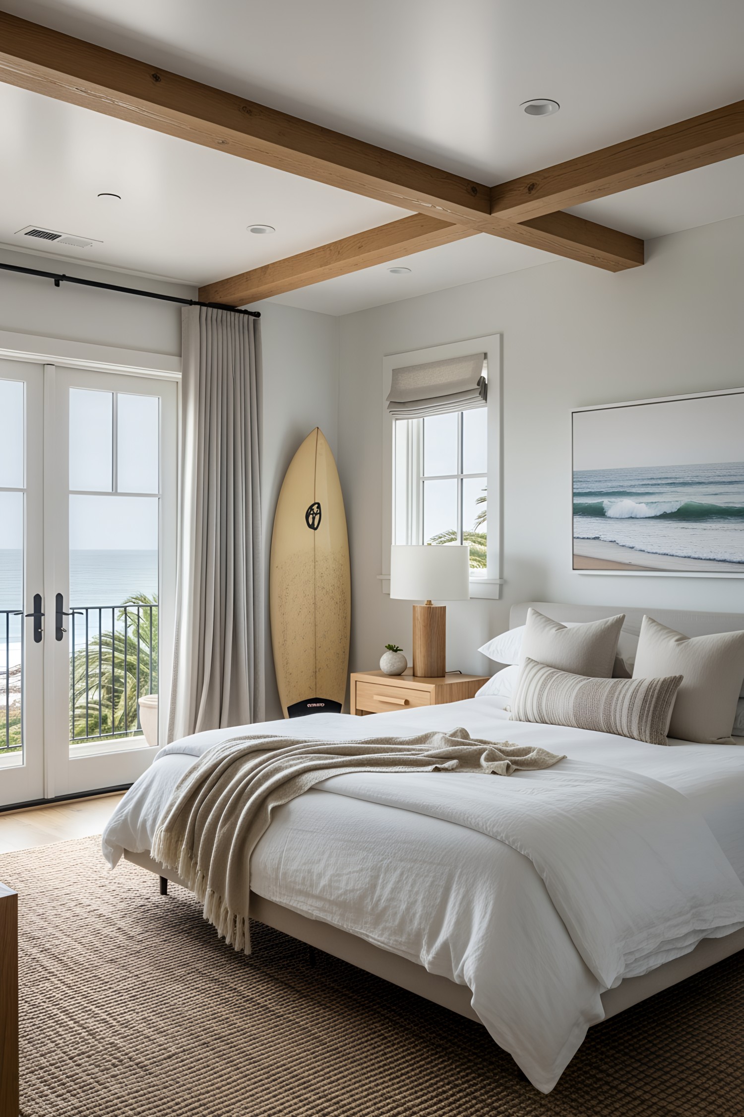 Cozy beachside bedroom with surfboard and ocean view