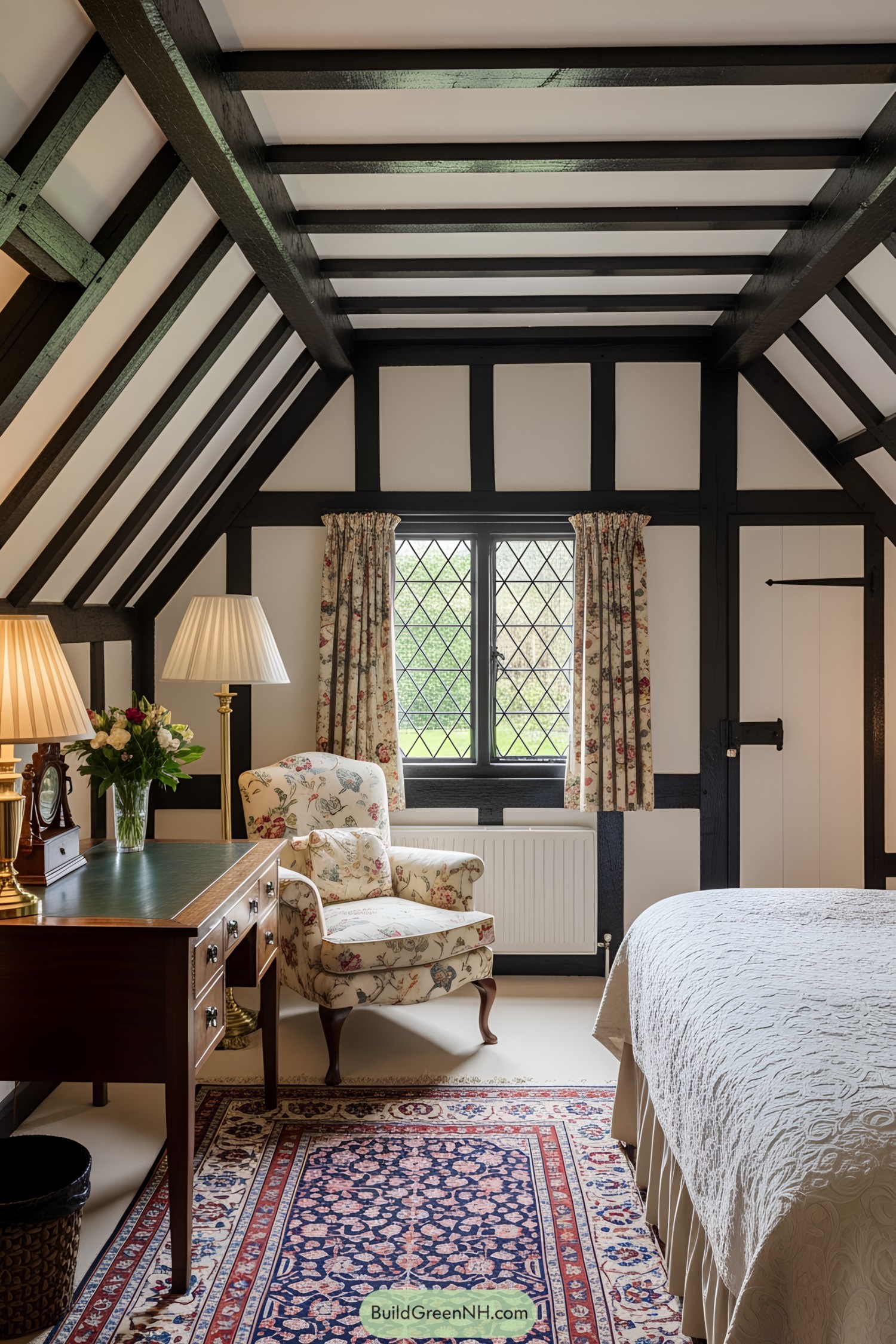 Quaint Tudor-style bedroom with rich wood beams