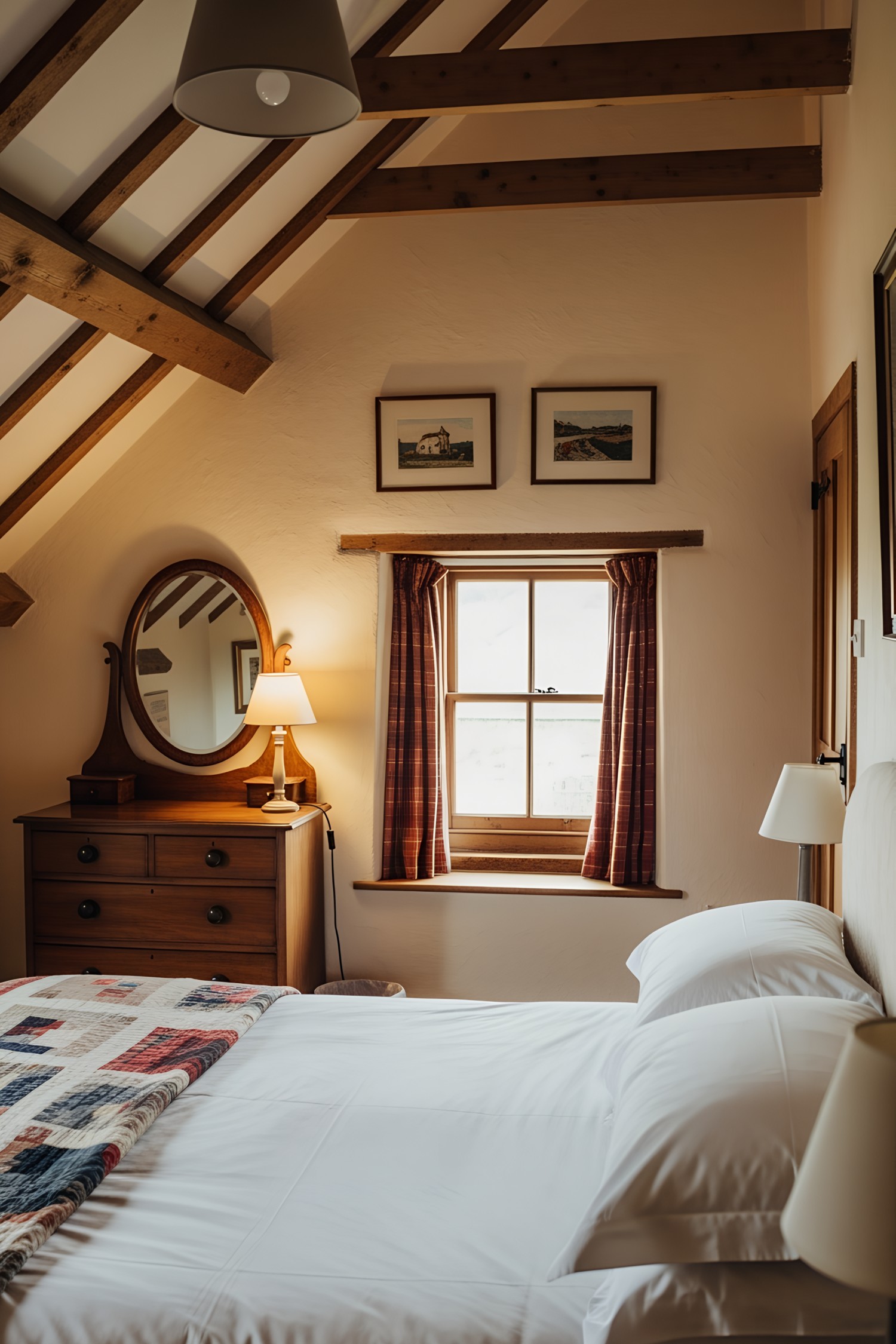 Warm Scottish cottage bedroom with wooden beams and rustic charm