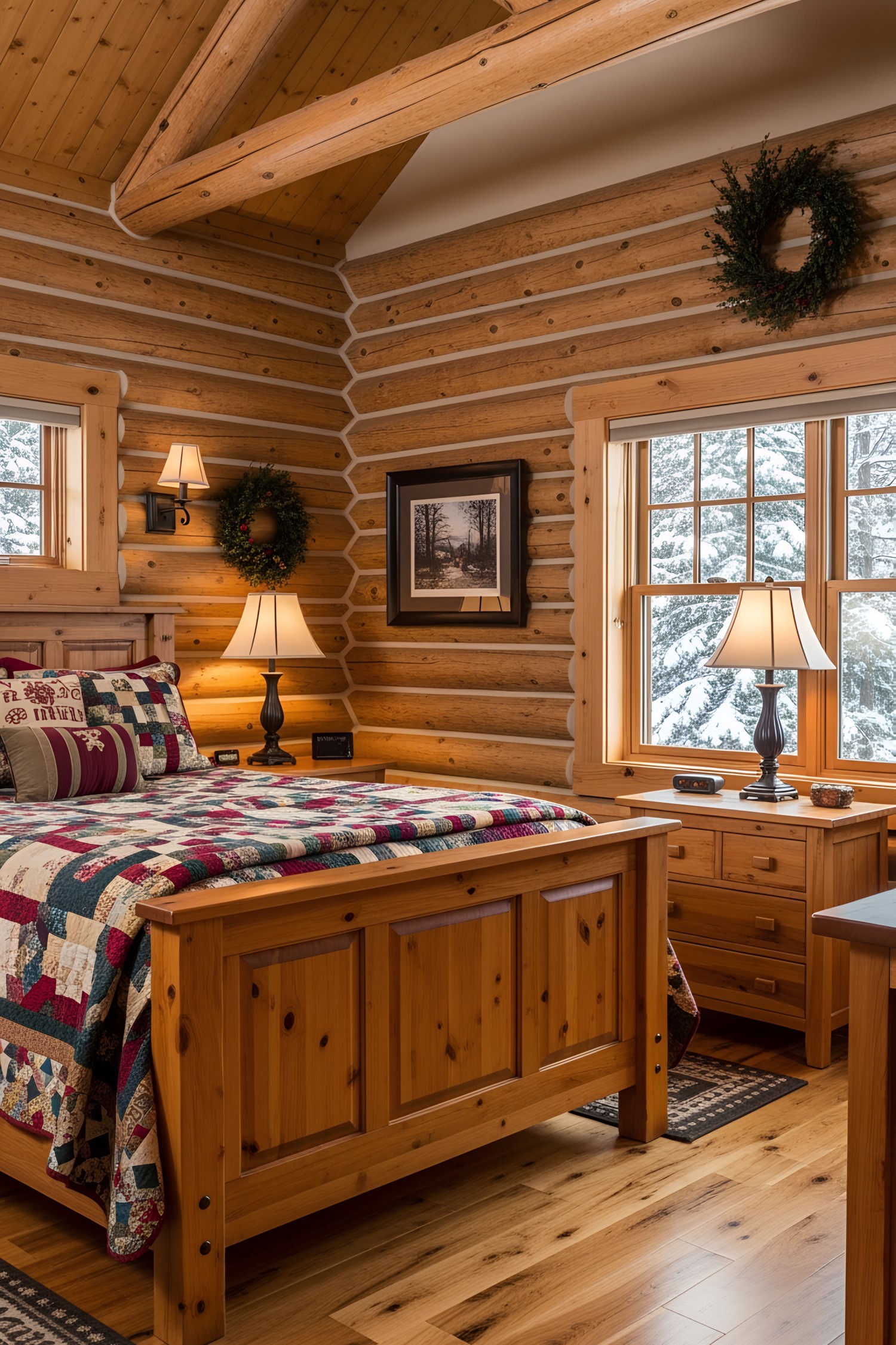 Warm log cabin room with bed and window view