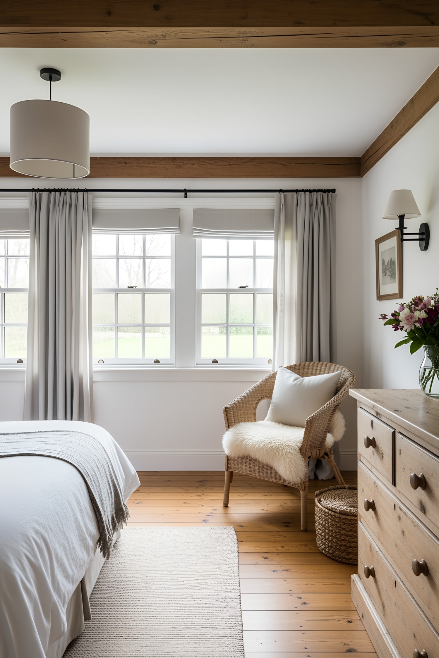 Bright and airy cottage interior with wicker chair and bed