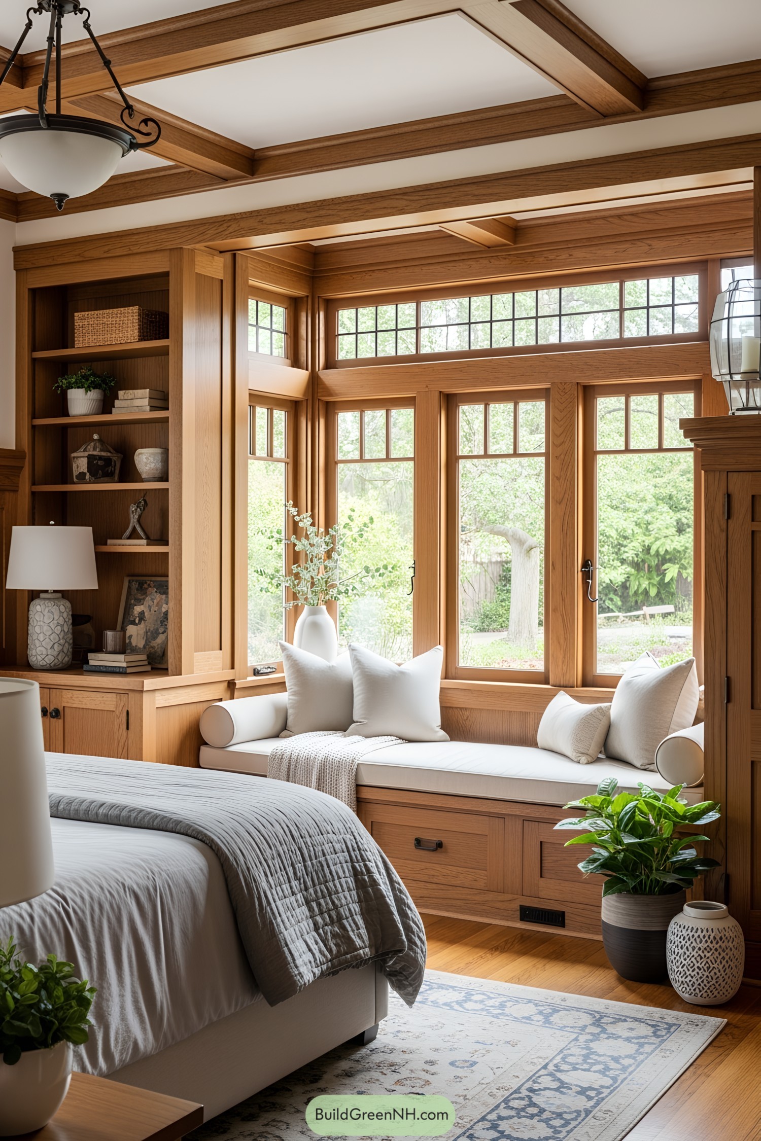 Sunny craftsman bungalow interior with wooden features and a window seat