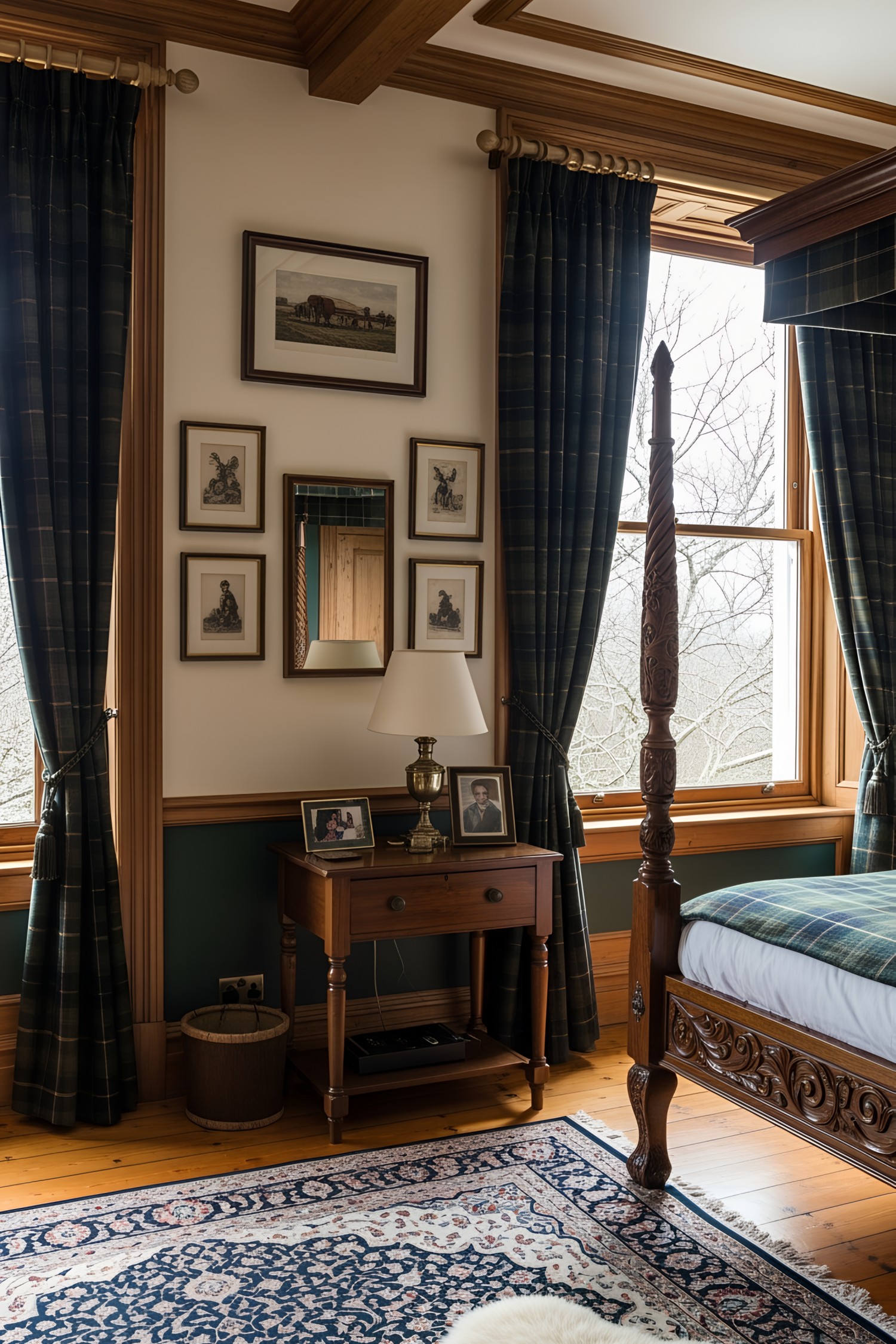 Cozy Scottish bedroom with tartan curtains and wooden accents