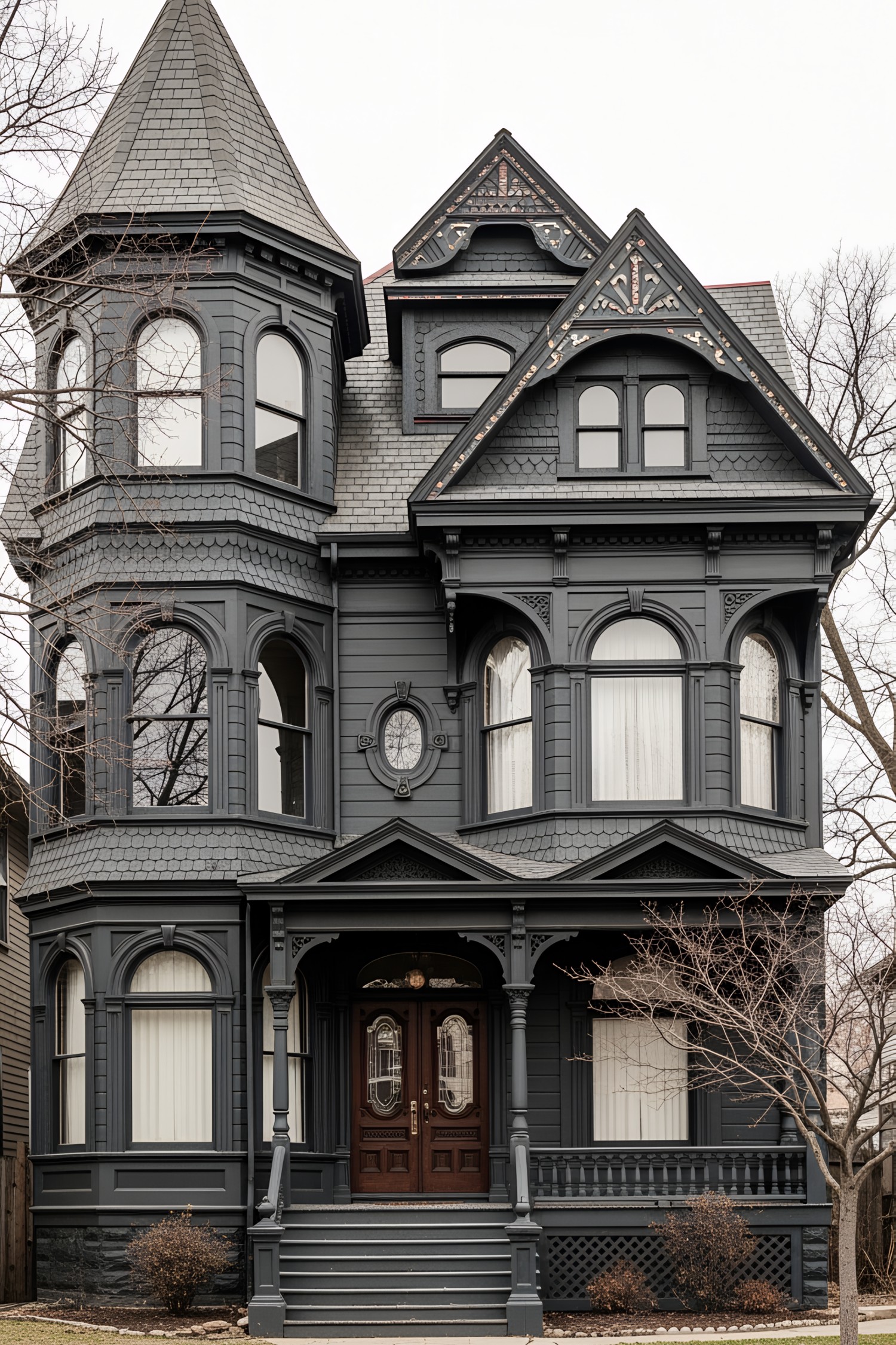 Black Victorian house, articulated two-story facade with prominent gables and ornate woodwork, asymmetrical structure featuring a projecting tower and multiple bay windows, painted wood siding throughout, steeply pitched roof with decorative trim and overhanging eaves, large tall windows with arched and rectangular shapes, double front doors with glass panels and intricate molding, elevated front porch with detailed balustrades and steps, minimal outdoor area with bare trees, sparse and slightly overgrown landscaping, urban residential setting with overcast sky.