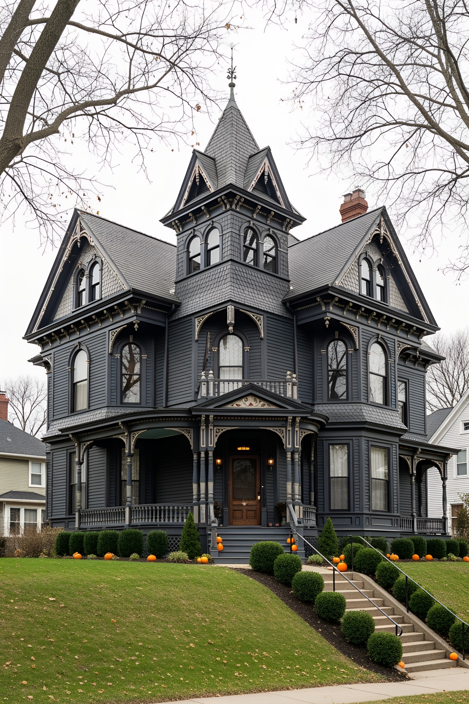 Charming black Victorian house with ornate details