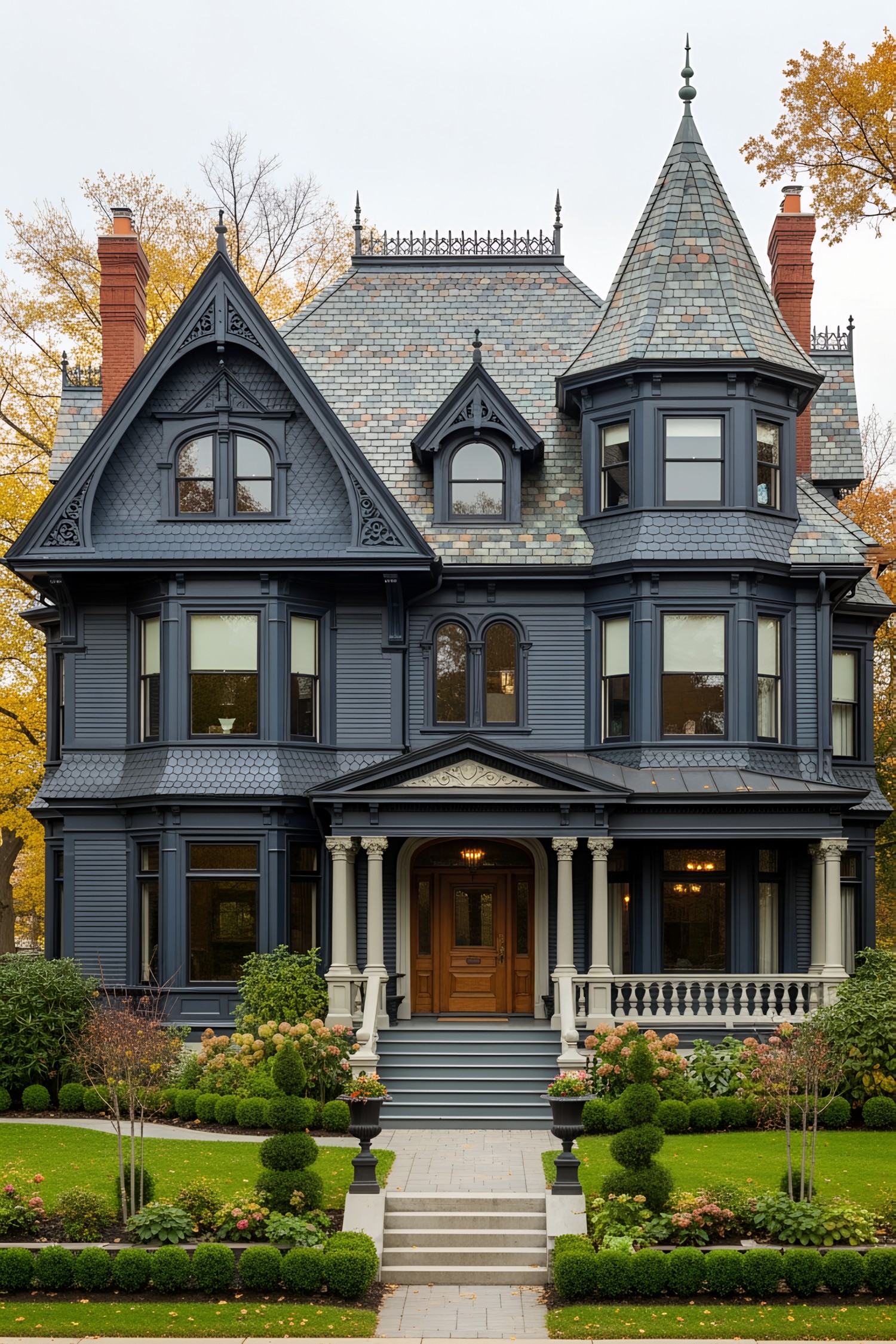 Black Victorian house surrounded by a lush garden, showcasing intricate detailing and a striking gable roof