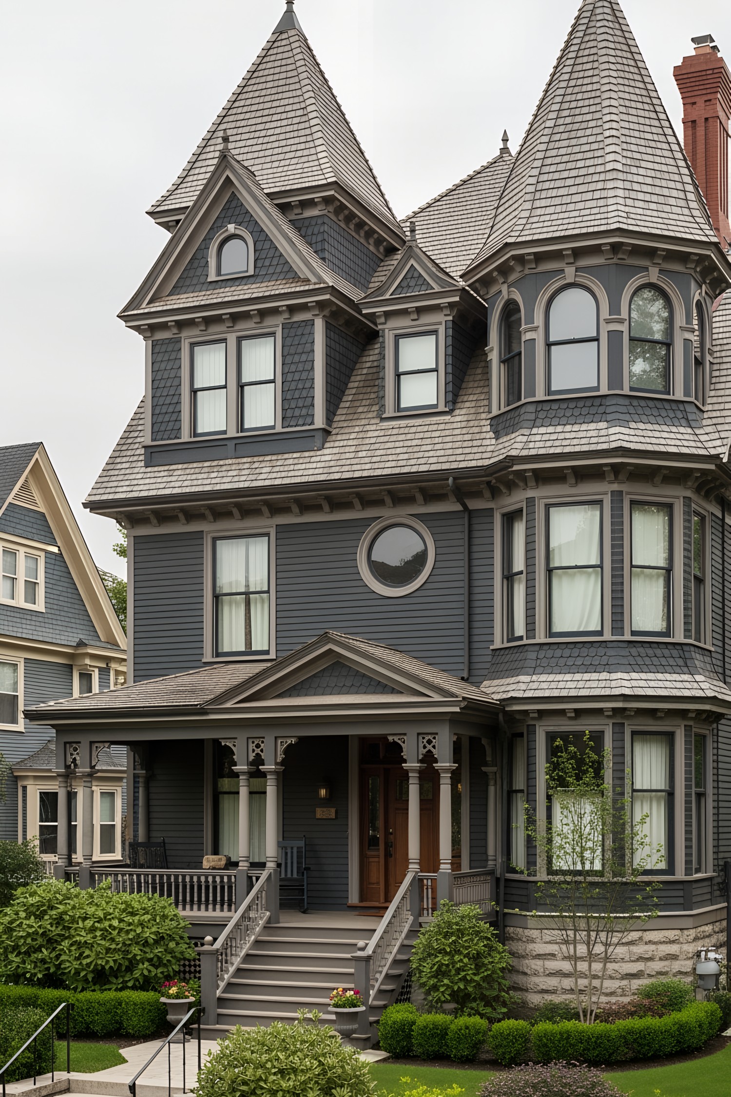Elegant black Victorian house with twin turrets and ornate detailing