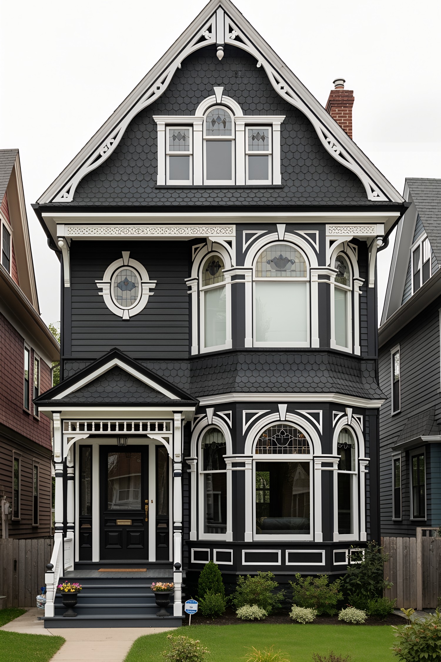 Charming black Victorian house with intricate white trim