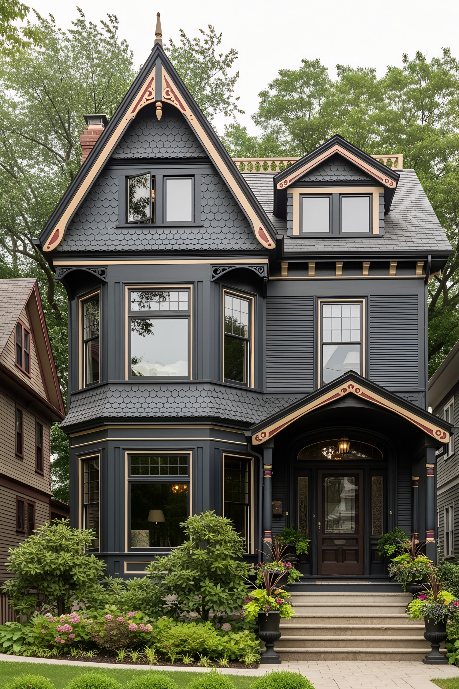 Elegant black Victorian house with detailed trim