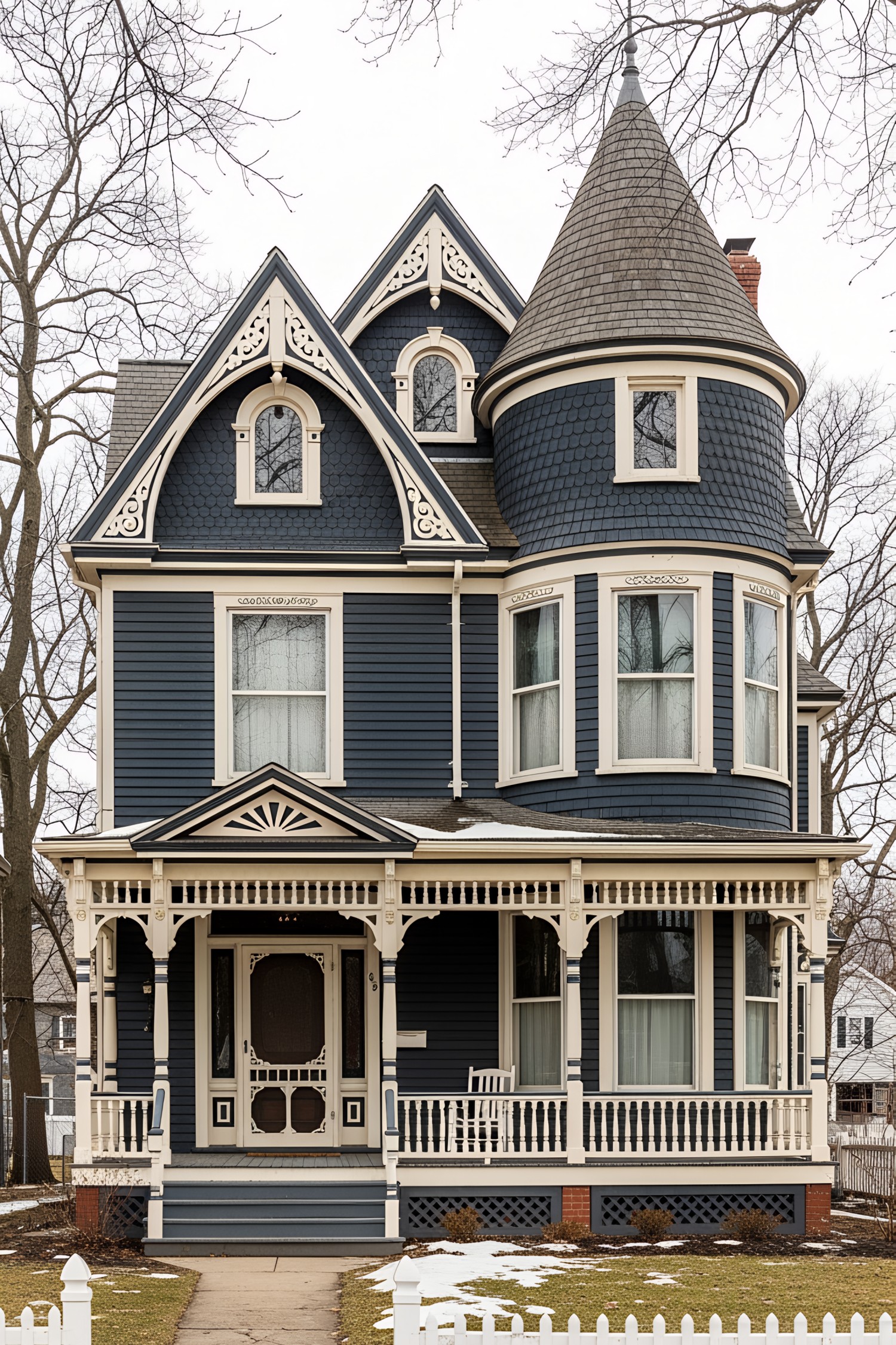 A dark Victorian house with detailed trim