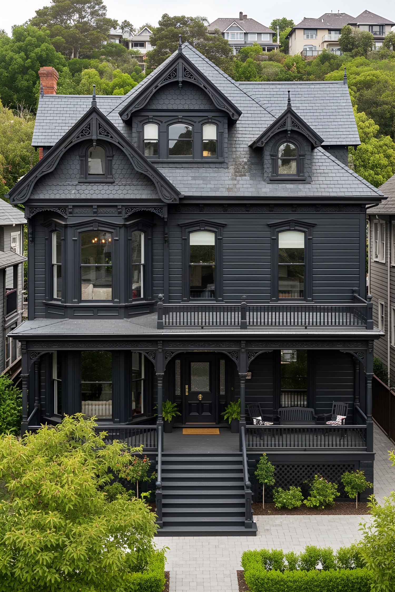 Victorian-style house painted black with ornate details