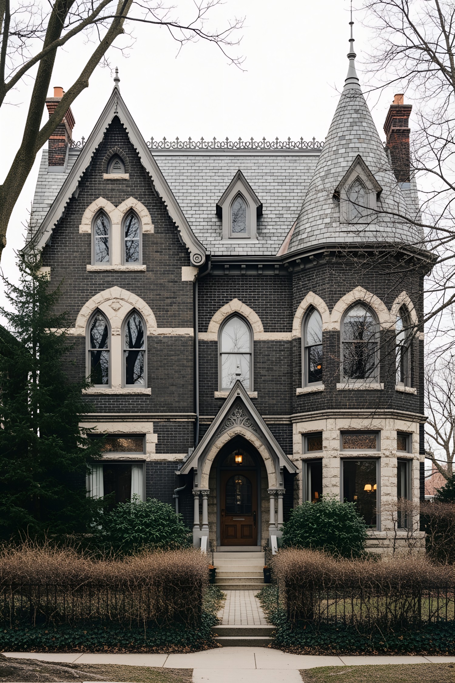 Victorian-style black house with ornate features