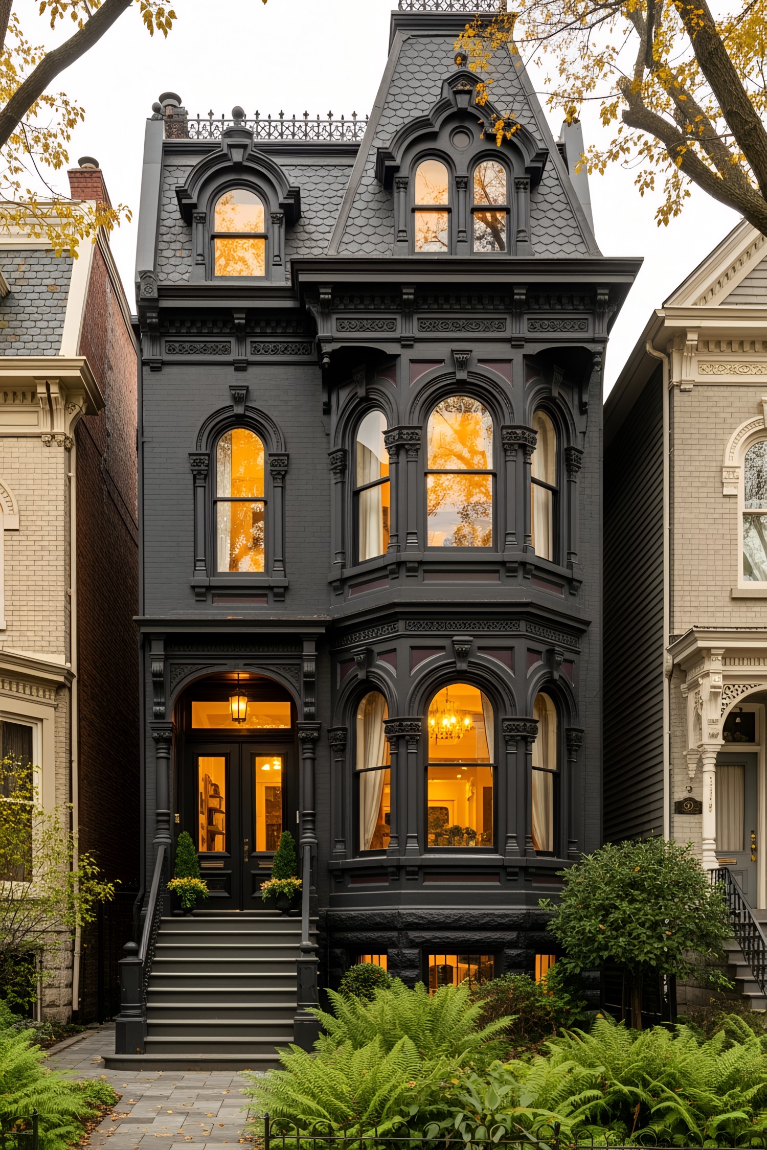 Black Victorian house with lit windows and intricate details