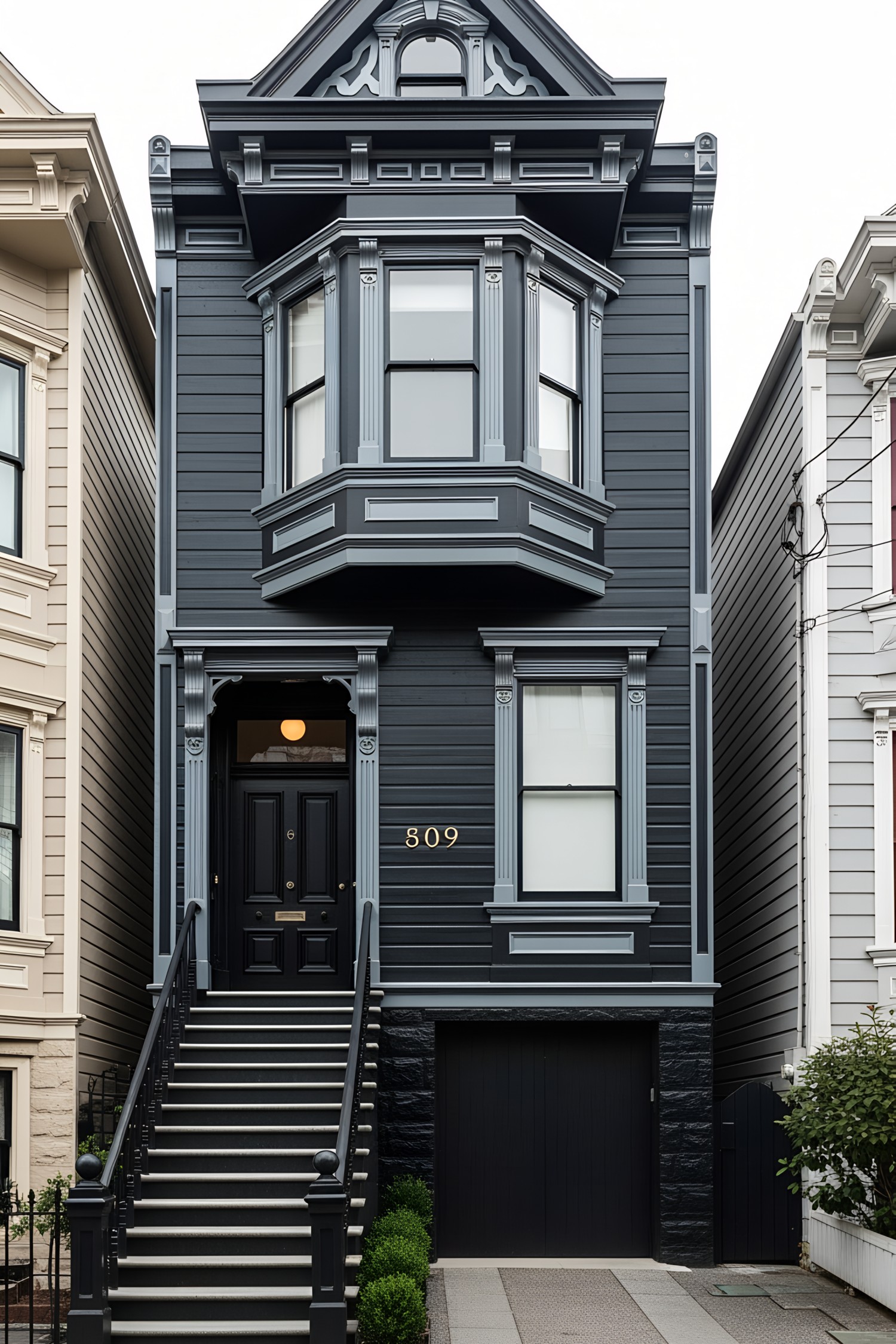 Victorian house with black facade and ornate details