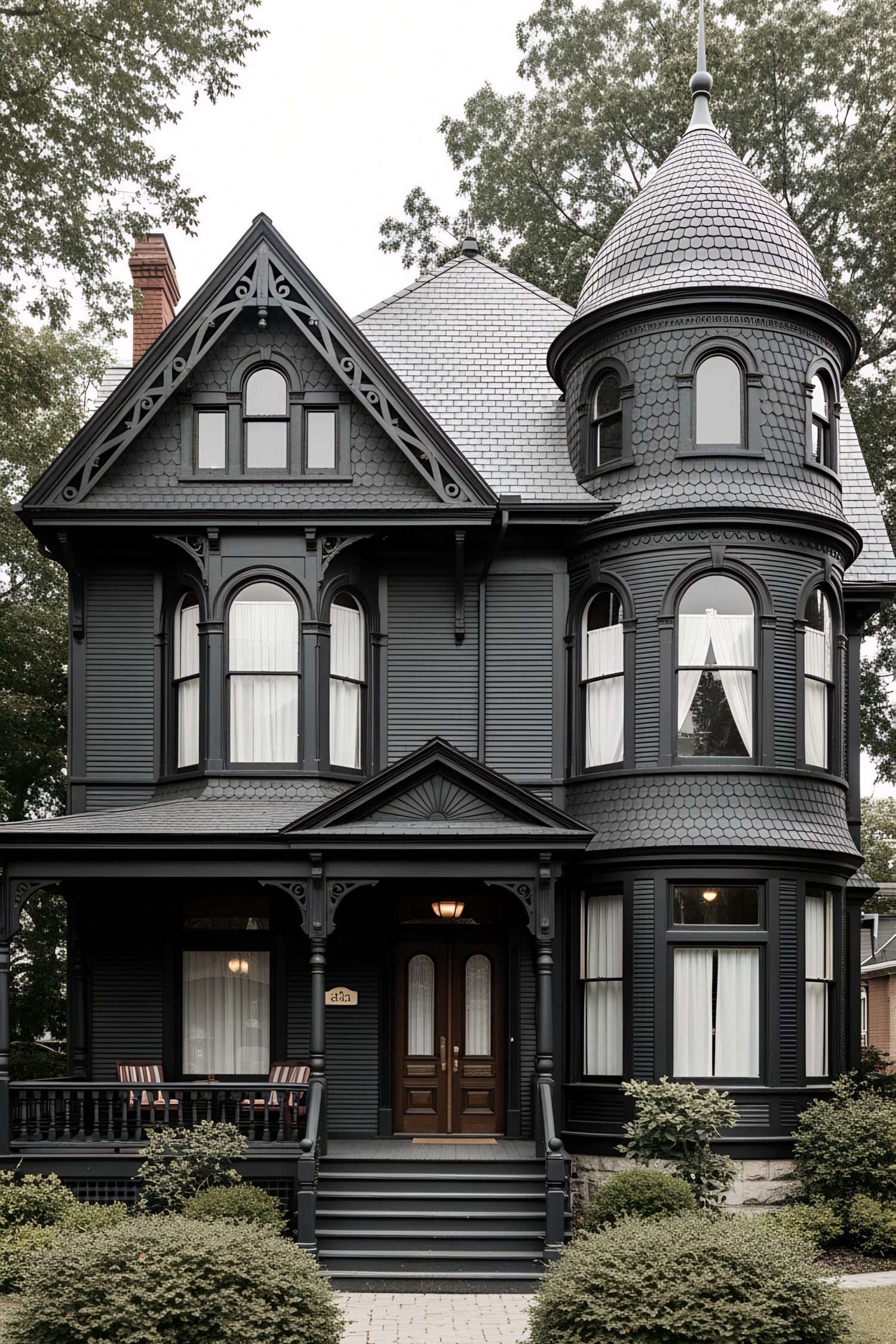 Elegant black Victorian house with turret