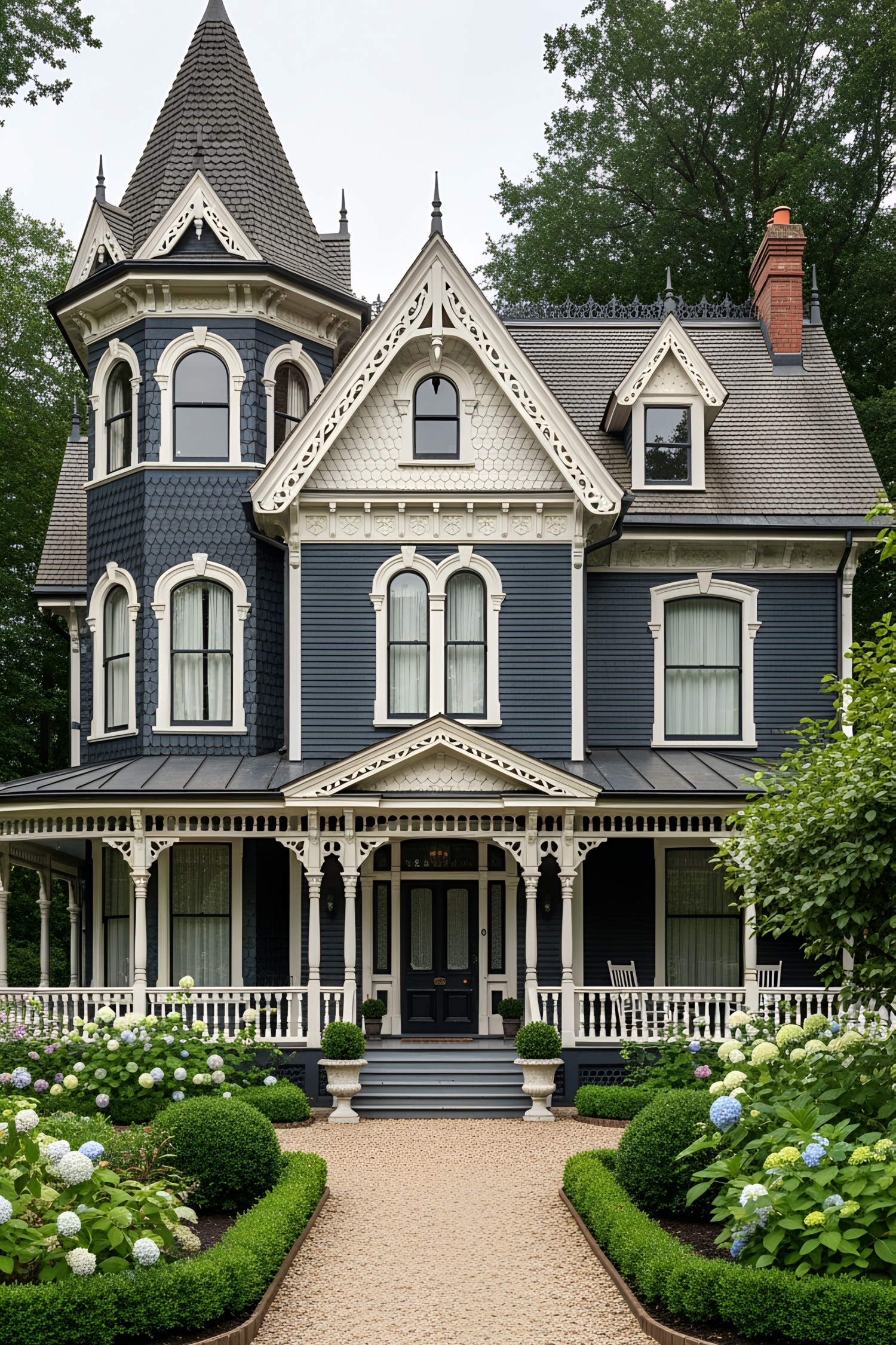 Victorian house with decorative details and garden