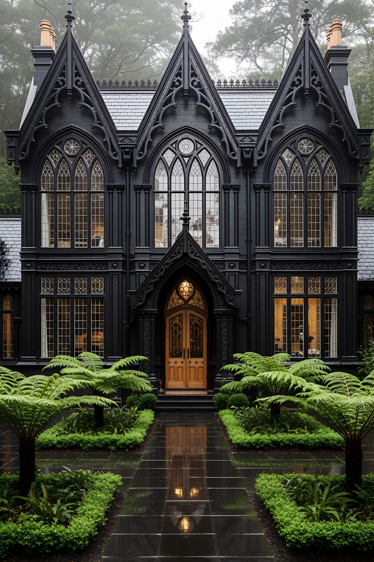 Black Victorian house with gothic windows and lush greenery