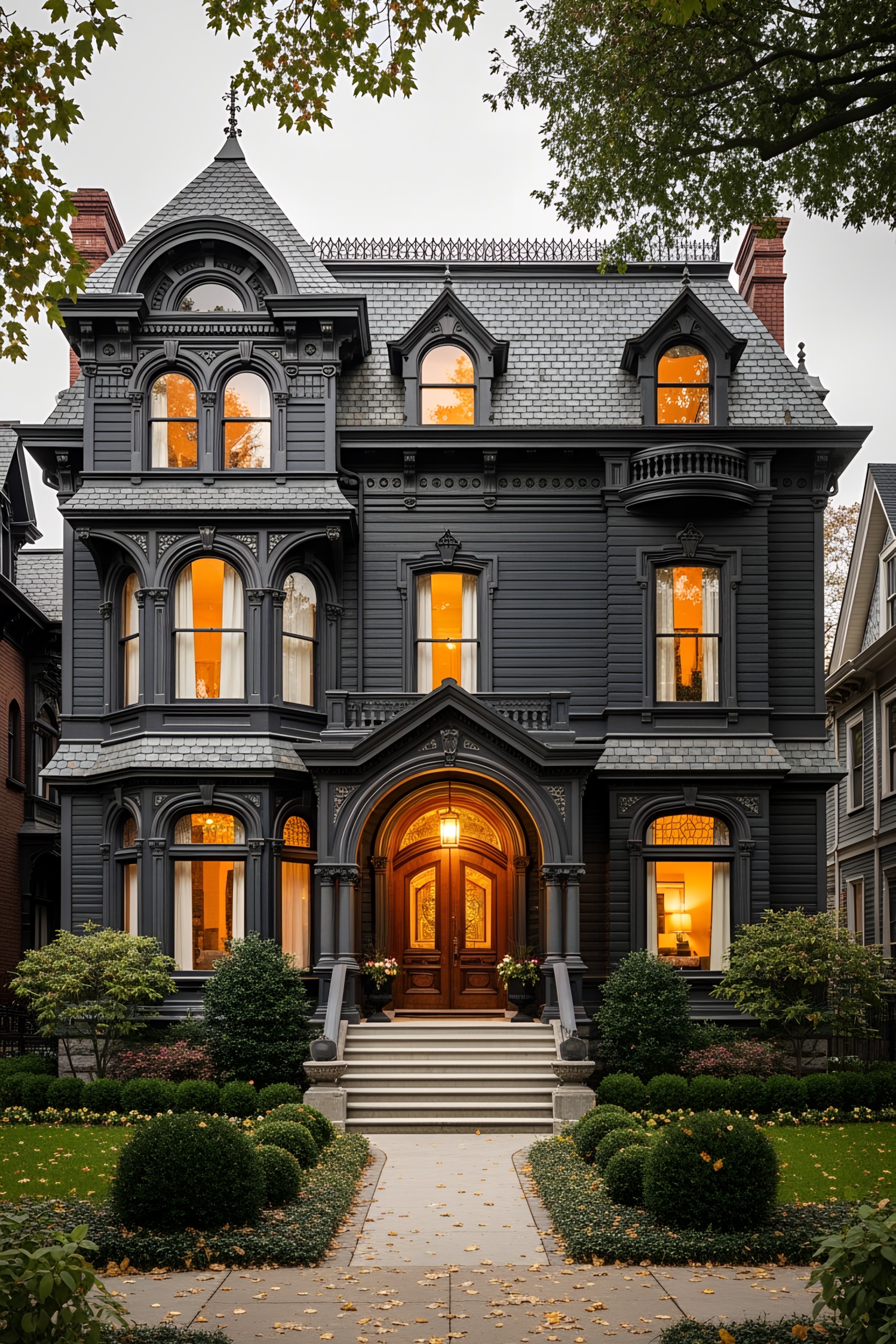 Victorian house painted in black with a warm glow from the windows
