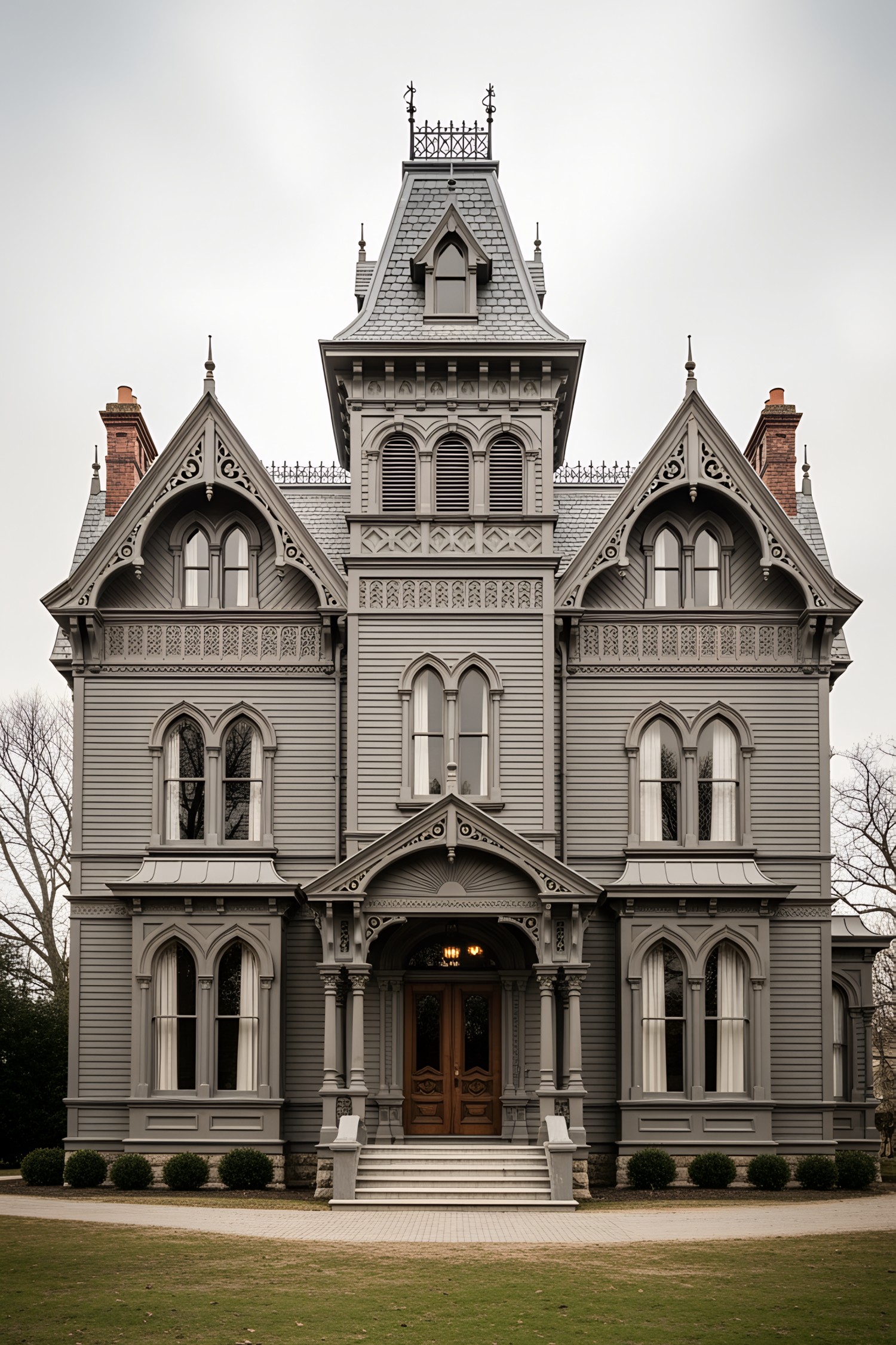 Ornate black Victorian house with intricate woodwork