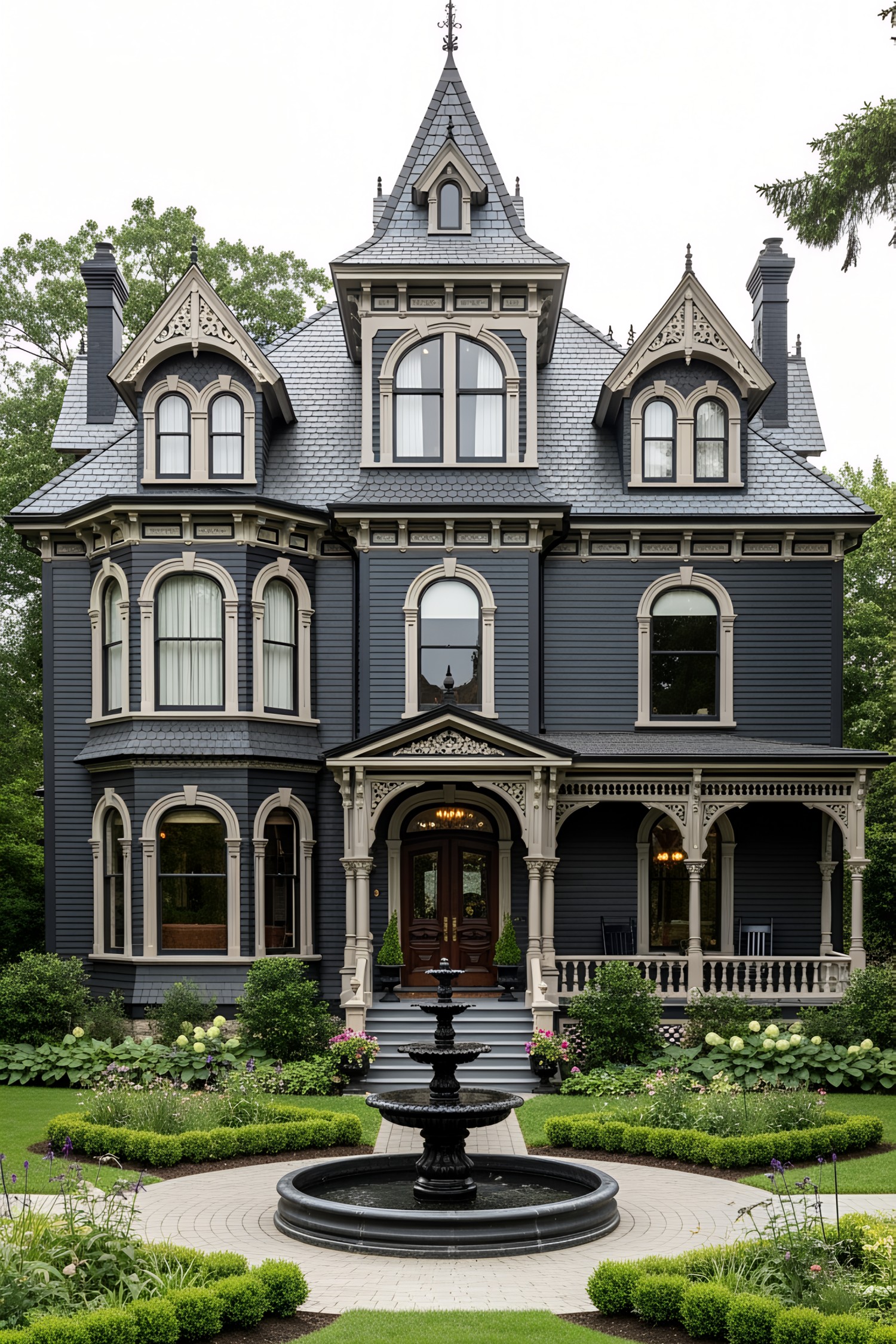 Black Victorian house with ornate details and a central fountain