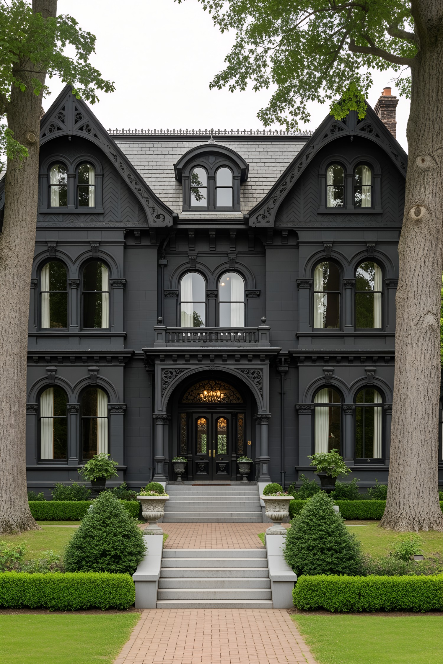 Elegant Victorian mansion painted black with lush greenery