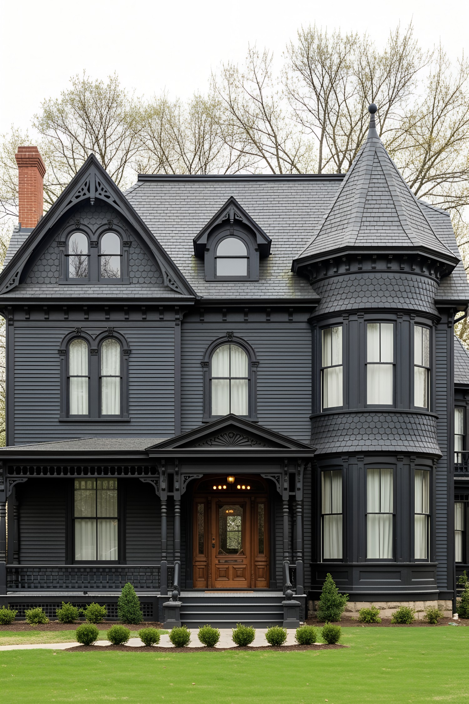 Stately black Victorian house with turret and ornate woodwork