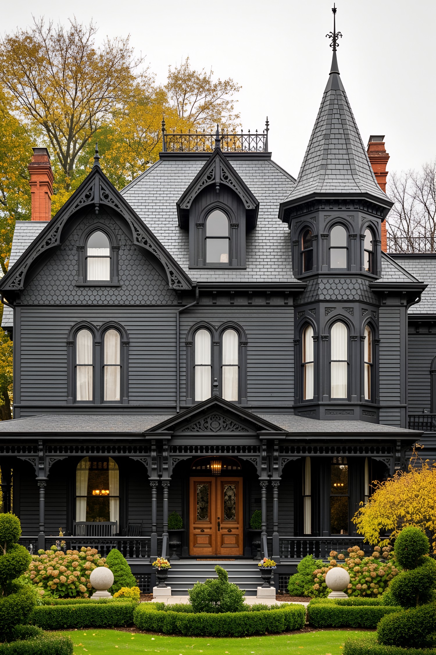 Victorian house with dark exterior and ornate tower
