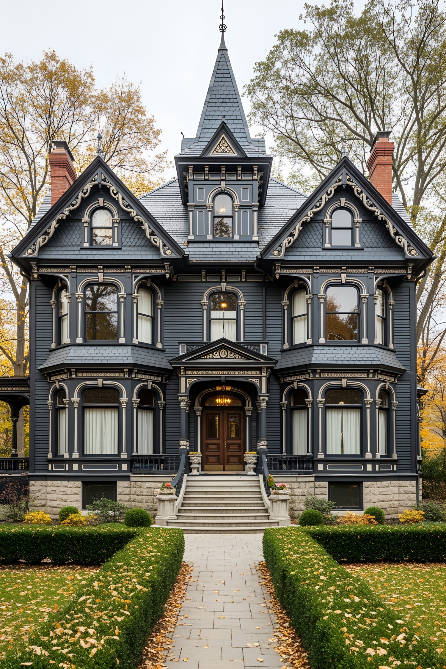 Elegant black Victorian house with intricate details