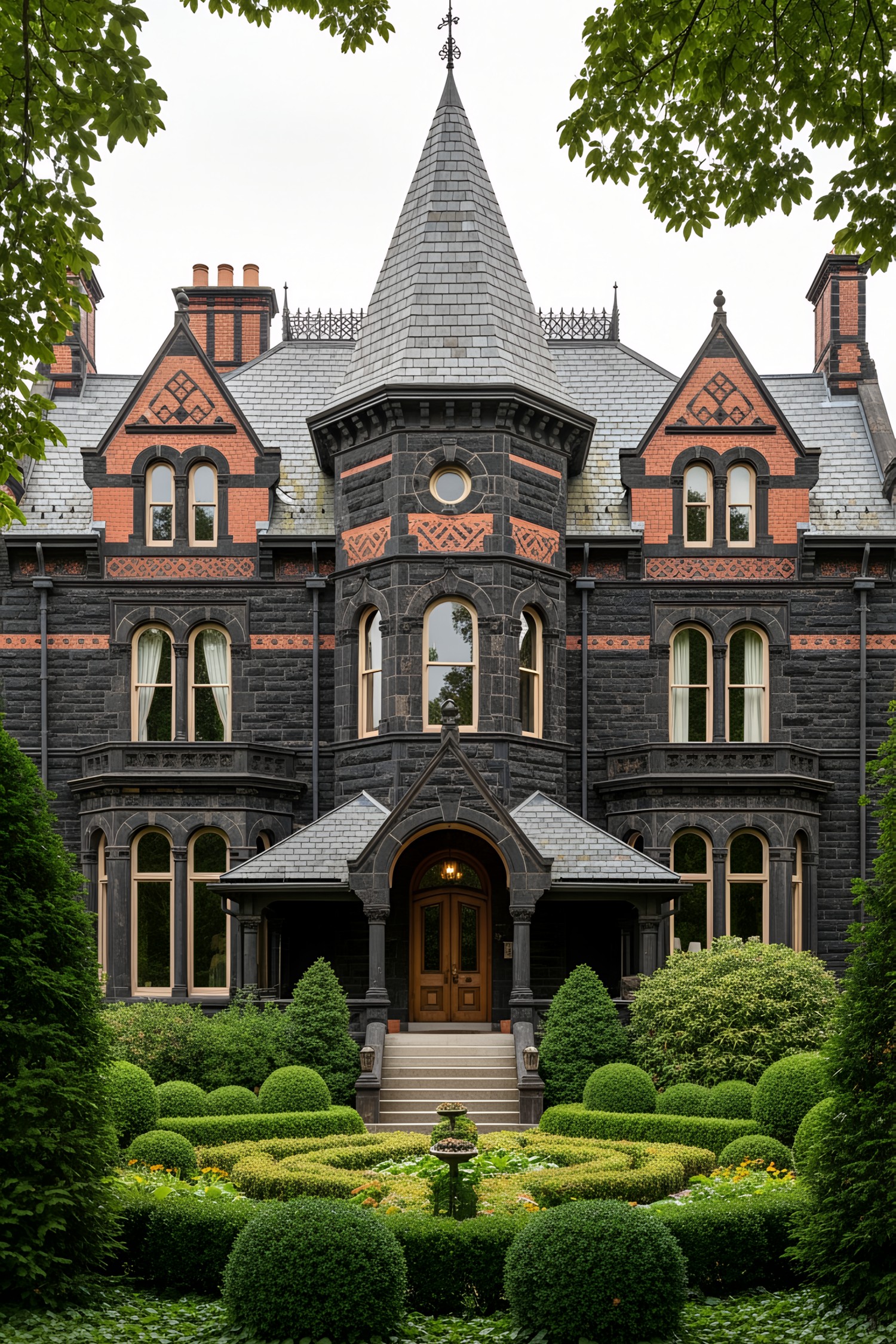 Black Victorian house with intricate details and lush garden