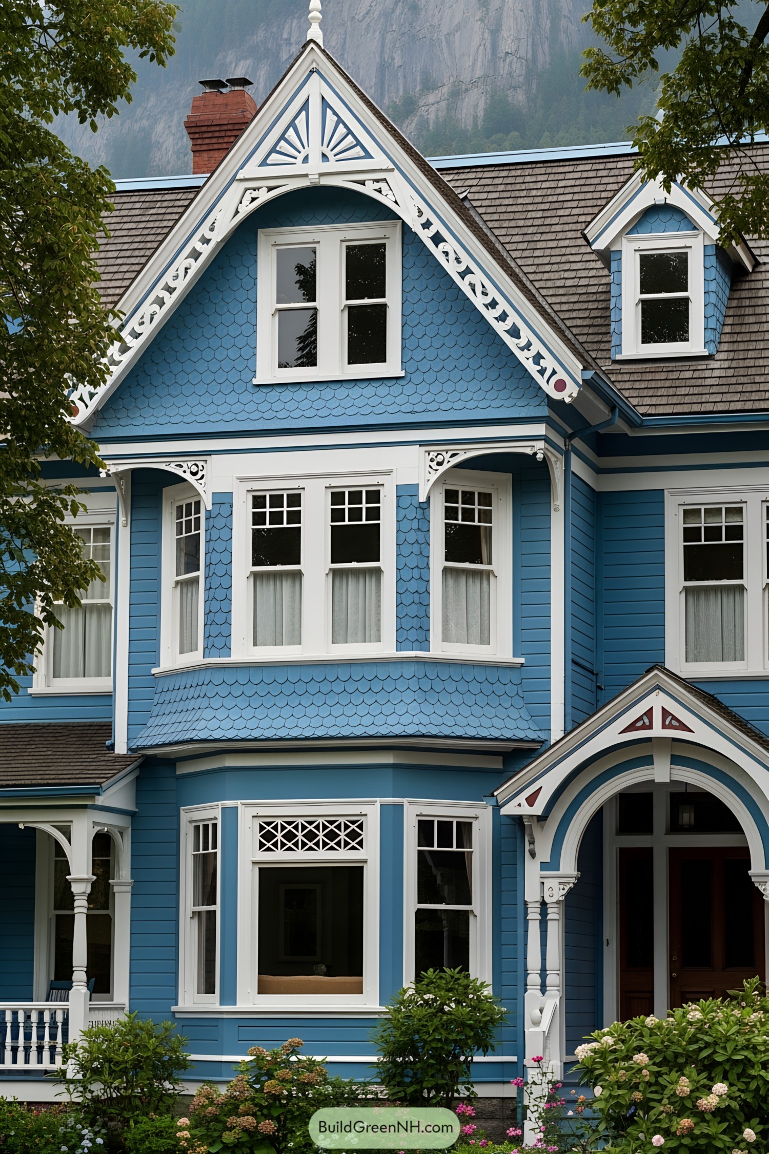 Charming blue Victorian house with ornate details