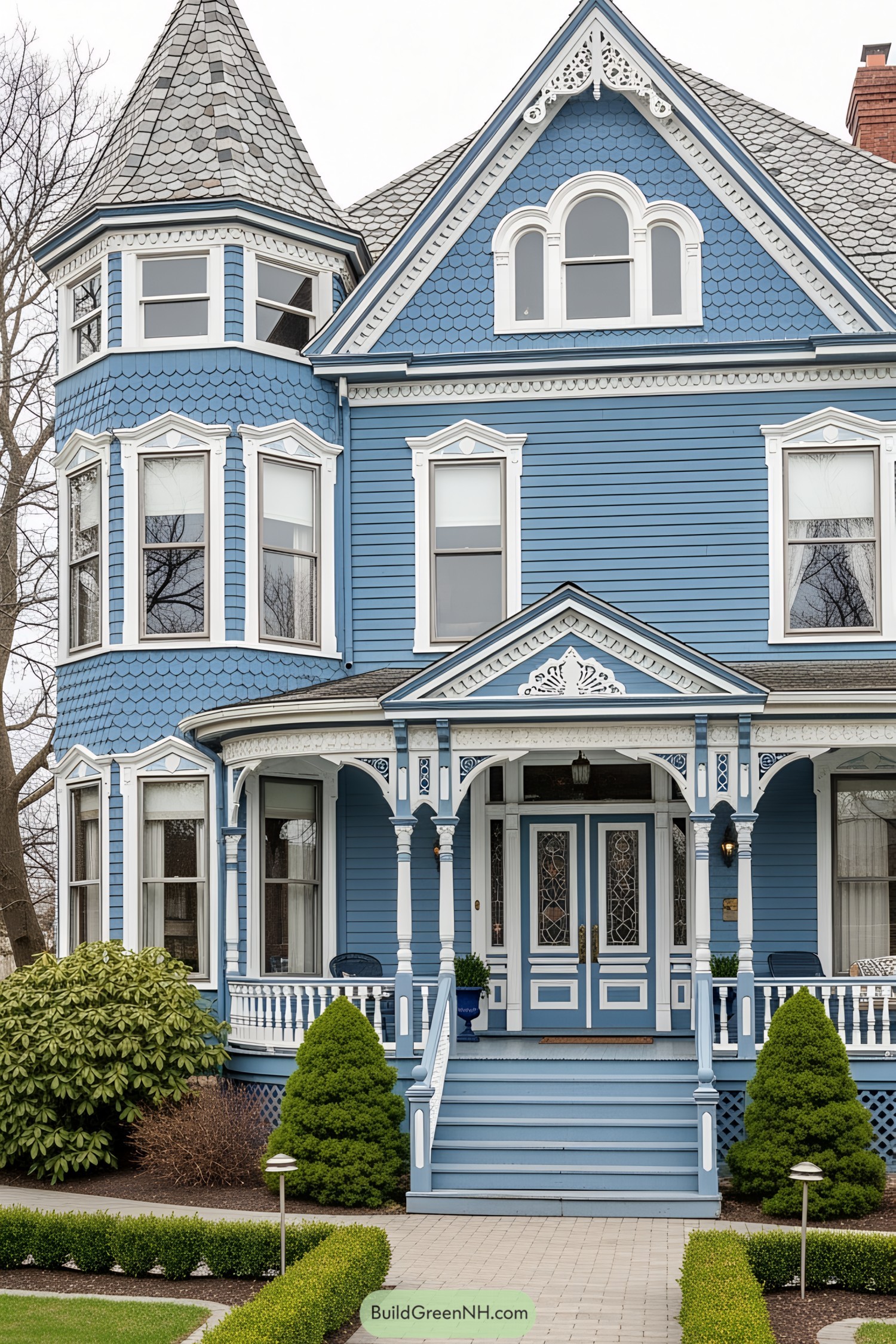 Charming blue Victorian house with ornate details
