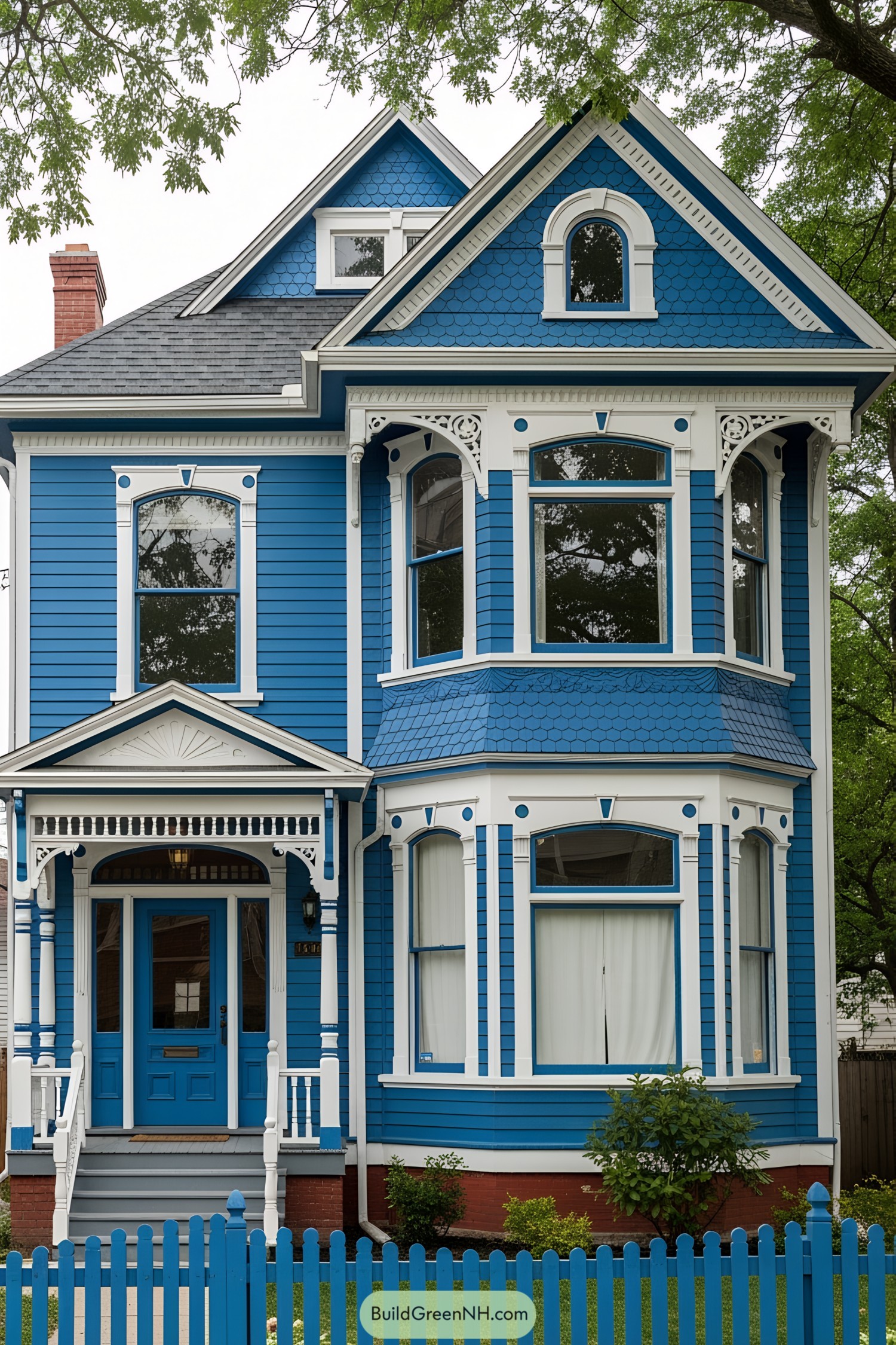 Bright blue Victorian house exterior with intricate details