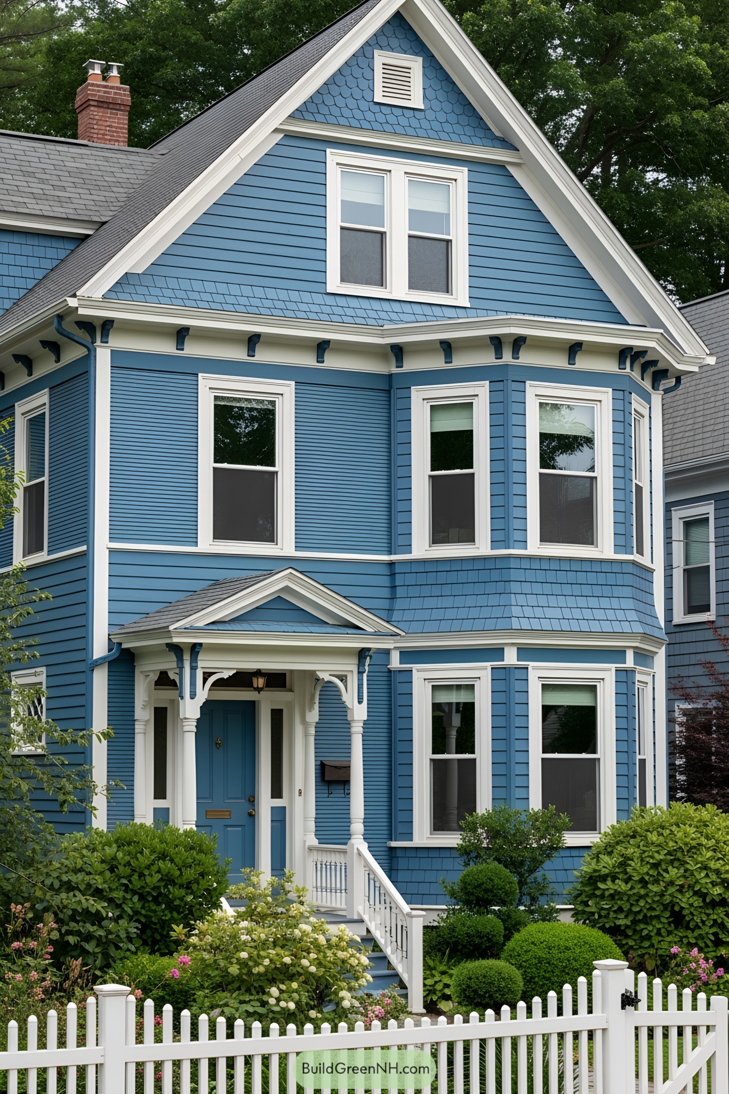 Charming blue Victorian house with intricate trim