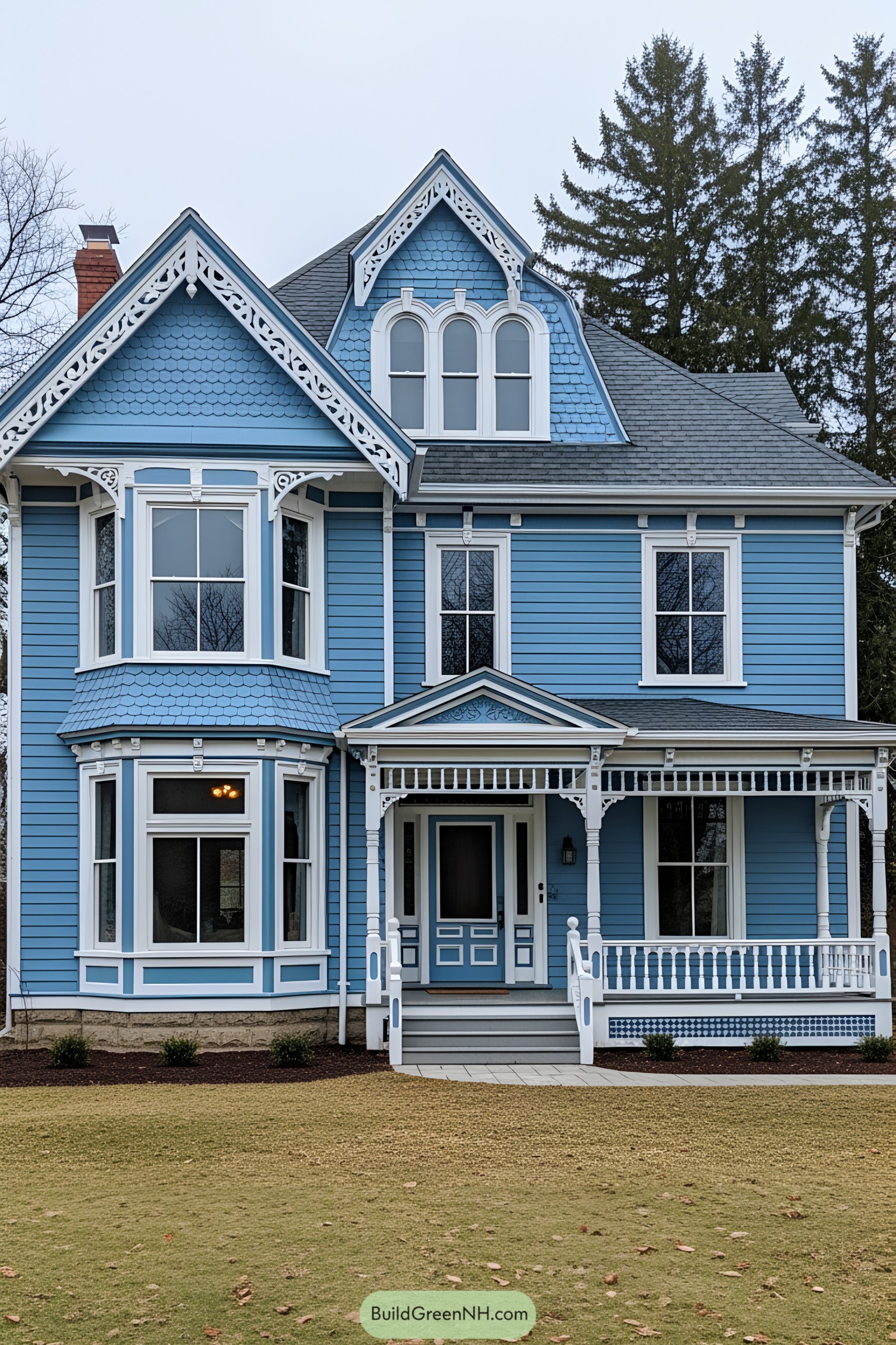 Victorian house painted blue with intricate details