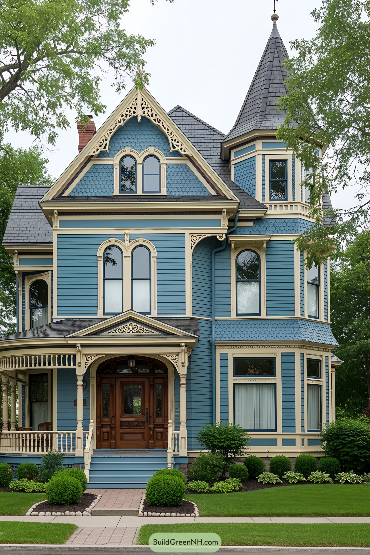 Blue Victorian house with ornate details and a turret
