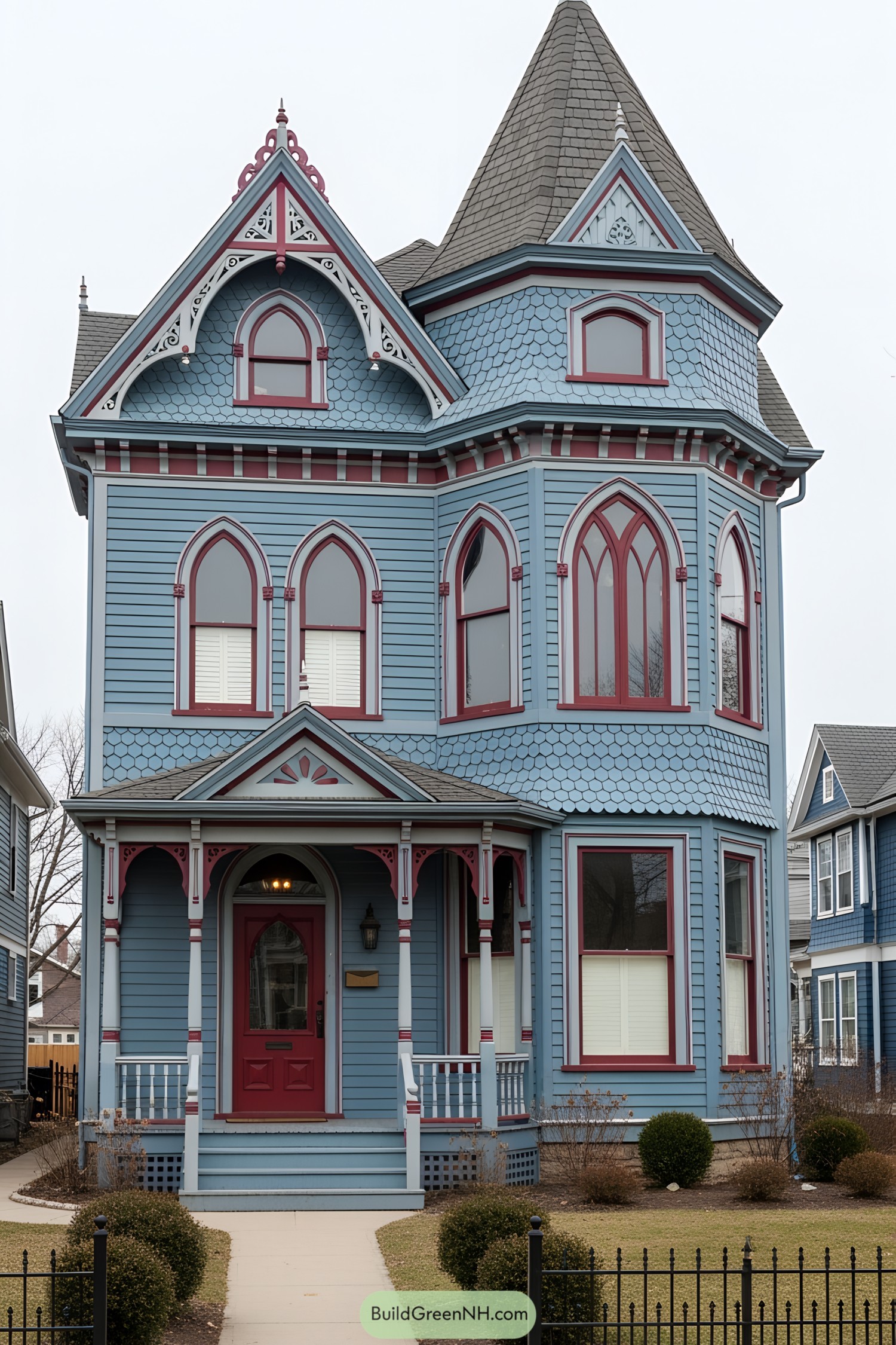 Blue Victorian house with ornate details and a grand turret