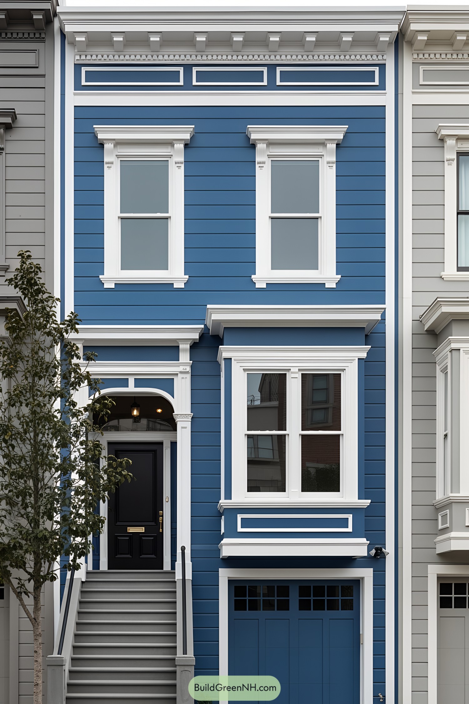 Blue Victorian house with white accents