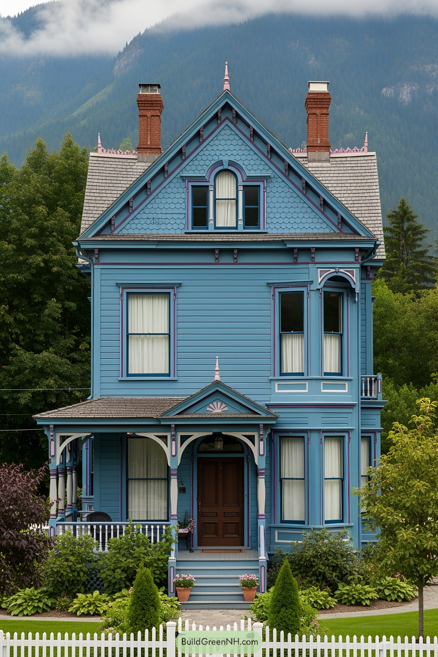 Charming blue Victorian house with lush greenery