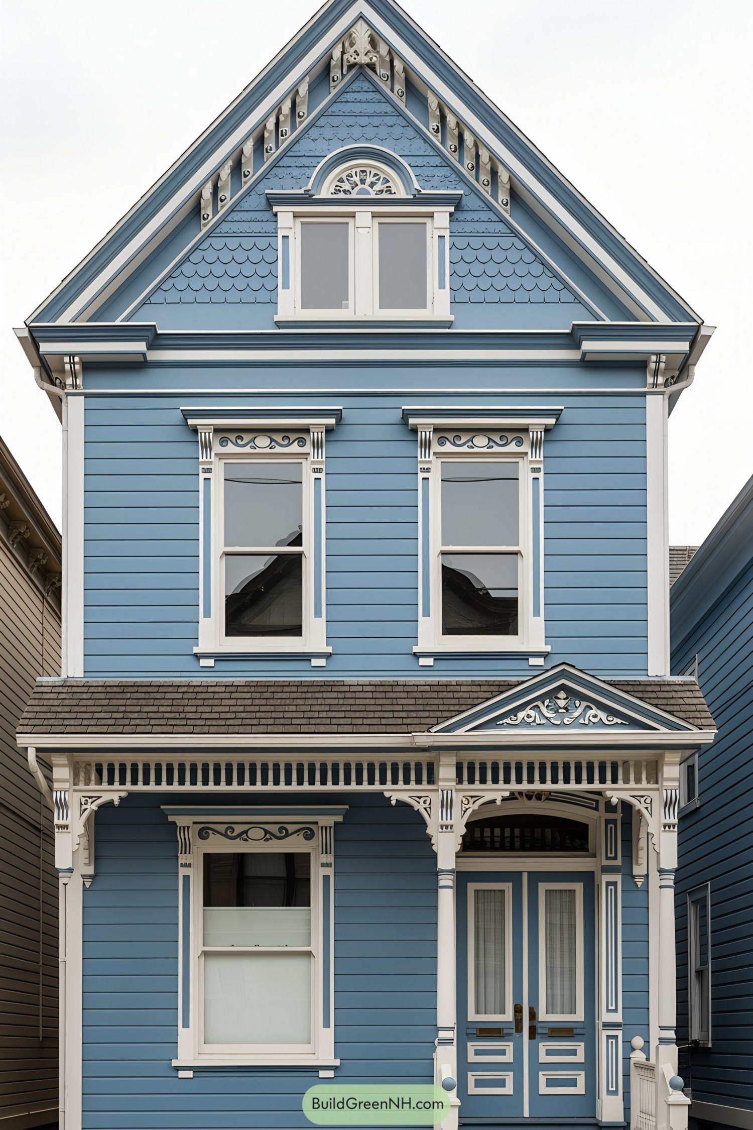 Charming blue Victorian house exterior with intricate details