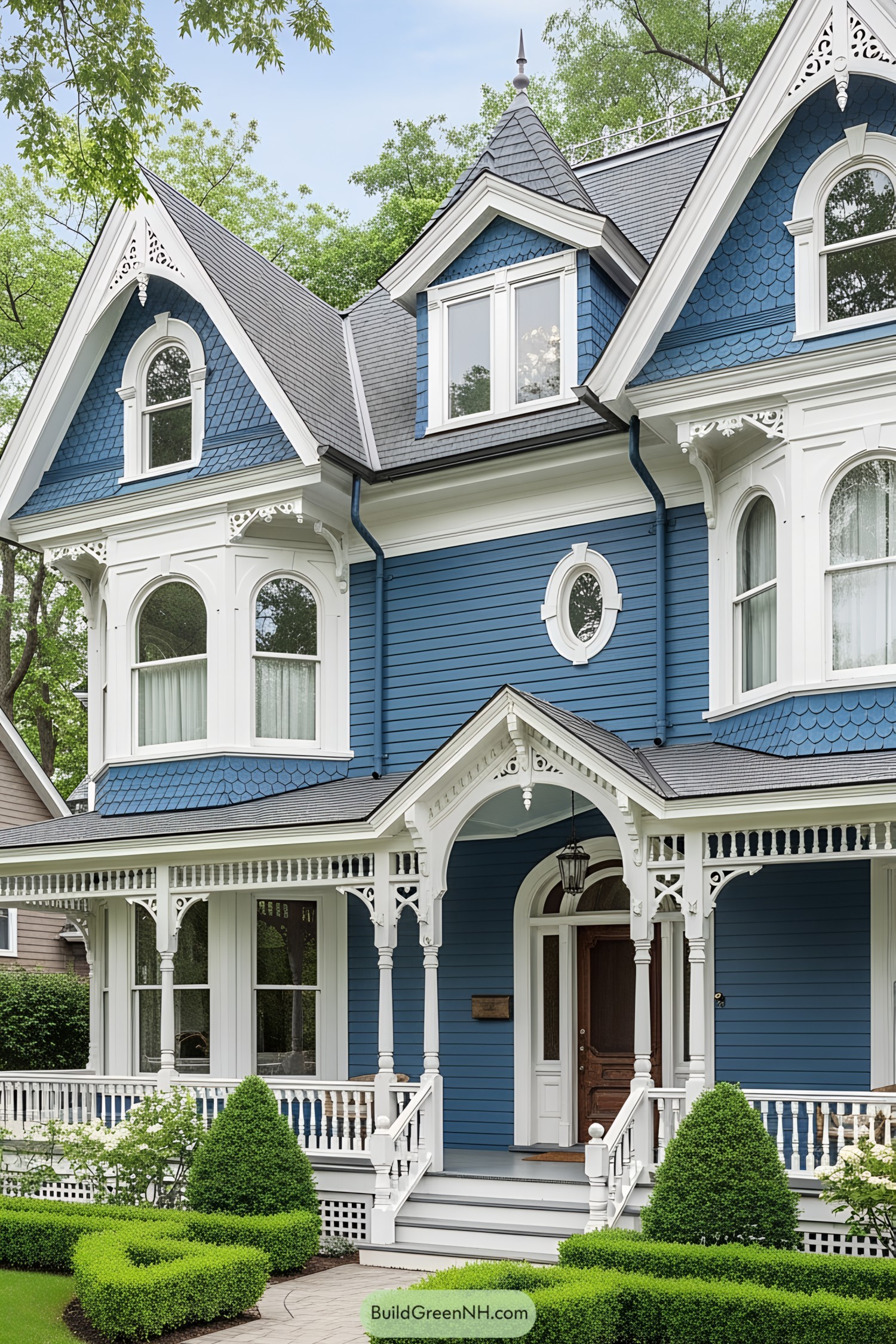 Blue Victorian house with intricate white trim