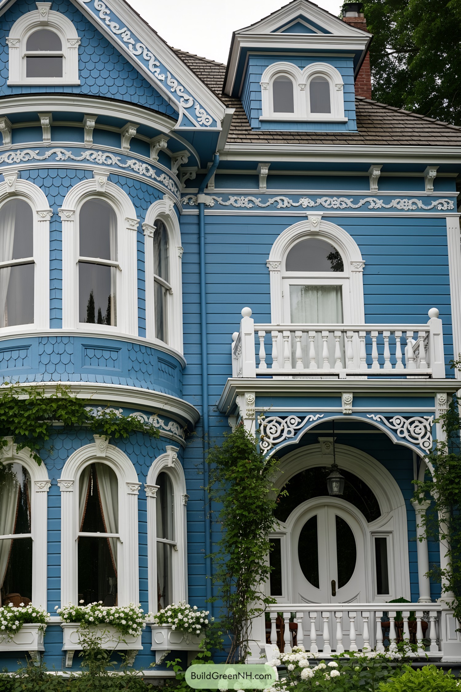 Blue Victorian house with ornate white trim and lush greenery